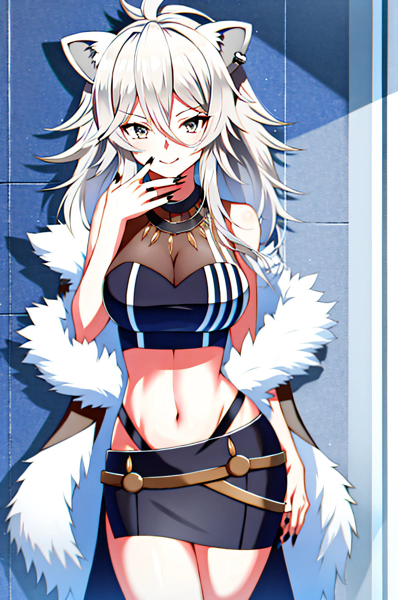 absurdres, highres, best quality,  Botan, black top, fur-trim, oionlion ears, messy hair, skirt, messy hair, grey eyes, grey hair, long hair, black nails, sharp nails, dynamic pose, sexy pose, seductively smile,