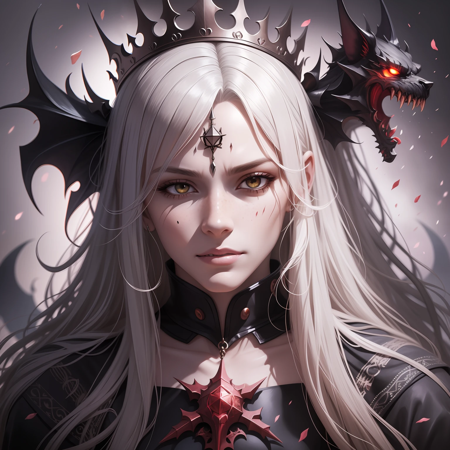 1 girl, adult, freckles, yellow eyes, gray long hair, solo, half shot, looking up, detailed background, detailed face, intricate necromancer clothes, amulet, conjuring, movement, evil smile, ritual, pentagram, surrounded by dark magical inscriptions, dark glowing aura, ethereal atmosphere