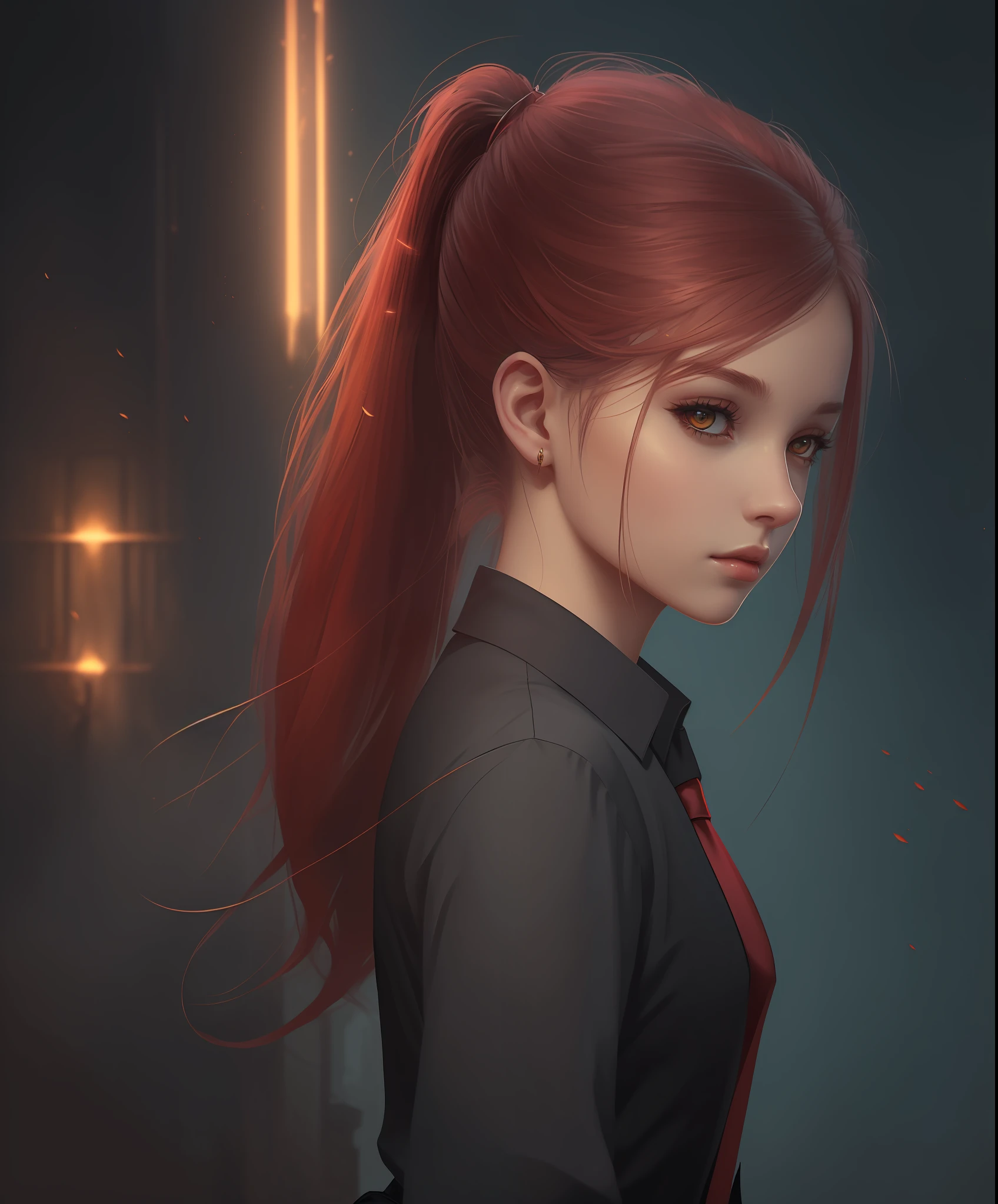 (Best quality, masterpiece, ArtStation, Fantasy Art:1.2), A beautiful young girl, (long red ponytail hair:1.1), (black shirt, tie, trousers:1.2), character art, lights background