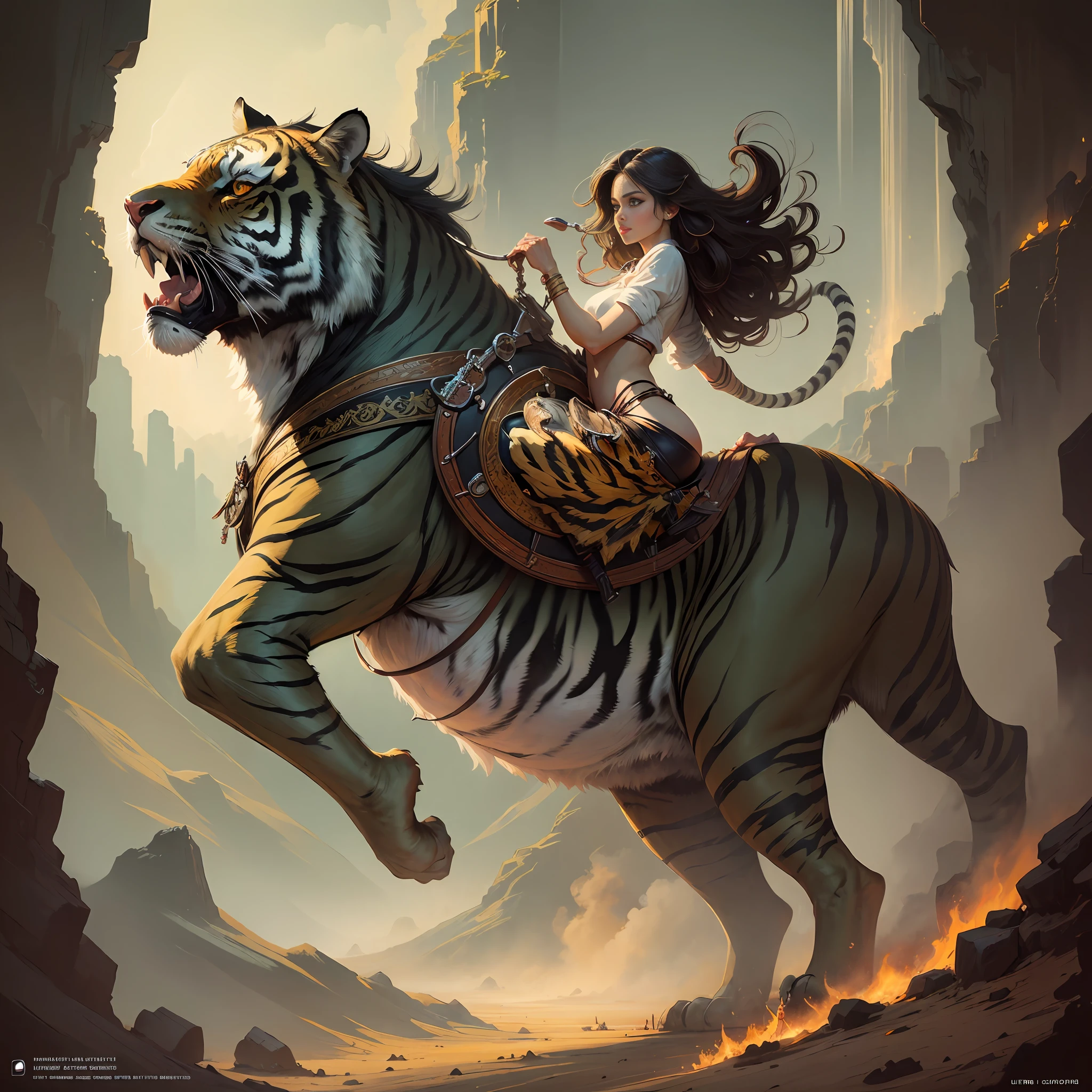 (masterpiece), (best quality), (ultra detailed), (cinematic lighting), (illustration), Frazetta, (a woman on a tiger ), mountain,