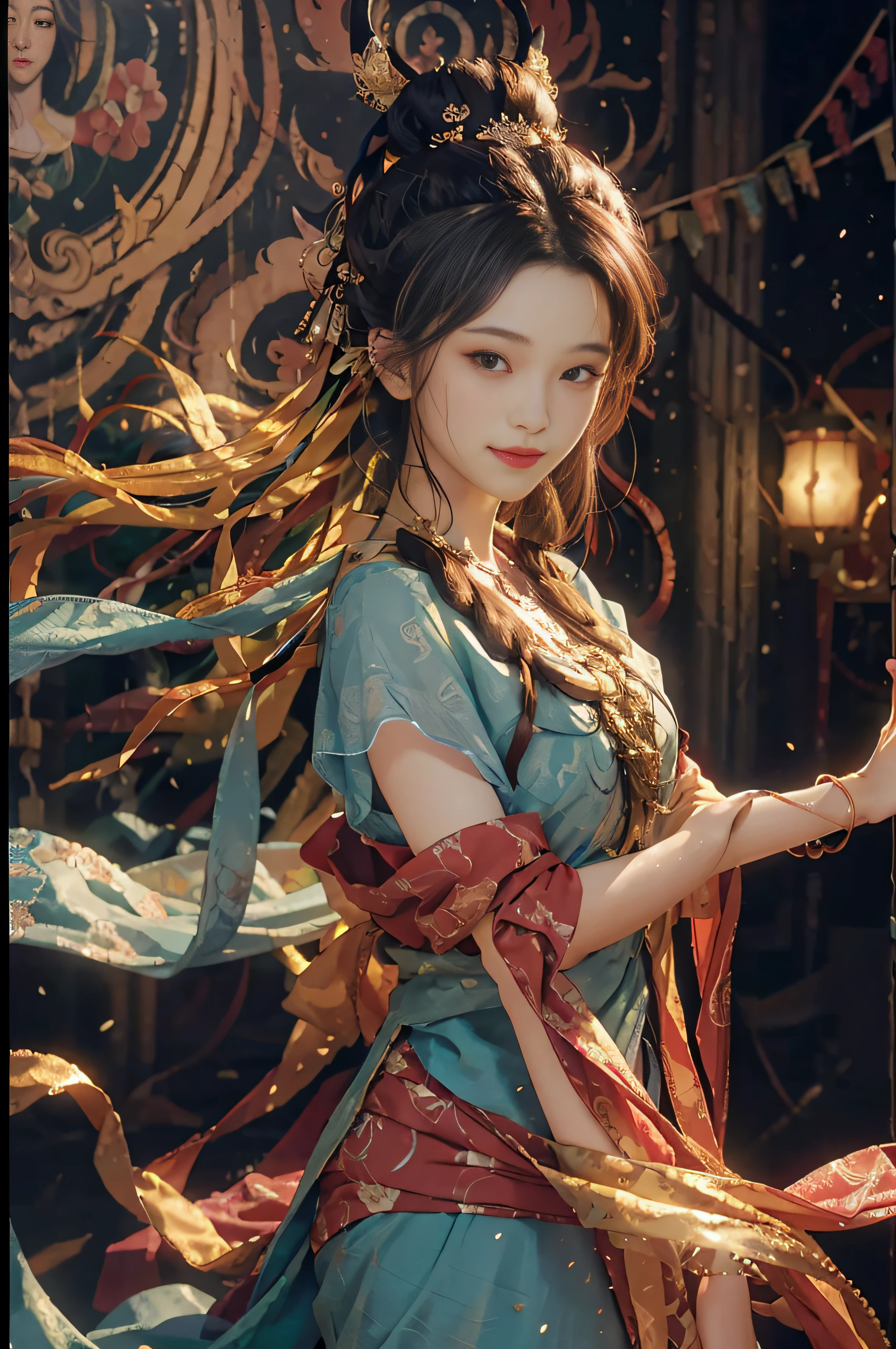 (RAW Photo, Best Quality), (Realistic, Photorealistic Photo: 1.3), Best Quality, Highly Detailed, Masterpiece, Ultra Detailed, Illustration, 1girl, upper_body, Dynamic Angle, World Mastery Theater, messy_long_hair, Best Quality, Extremely Detailed CG Unified 8k Wallpaper, Ink, Amazing, Movie Lights, lens_flare, dunhuang_style, Flyby, Edge Light, Cute Smile
