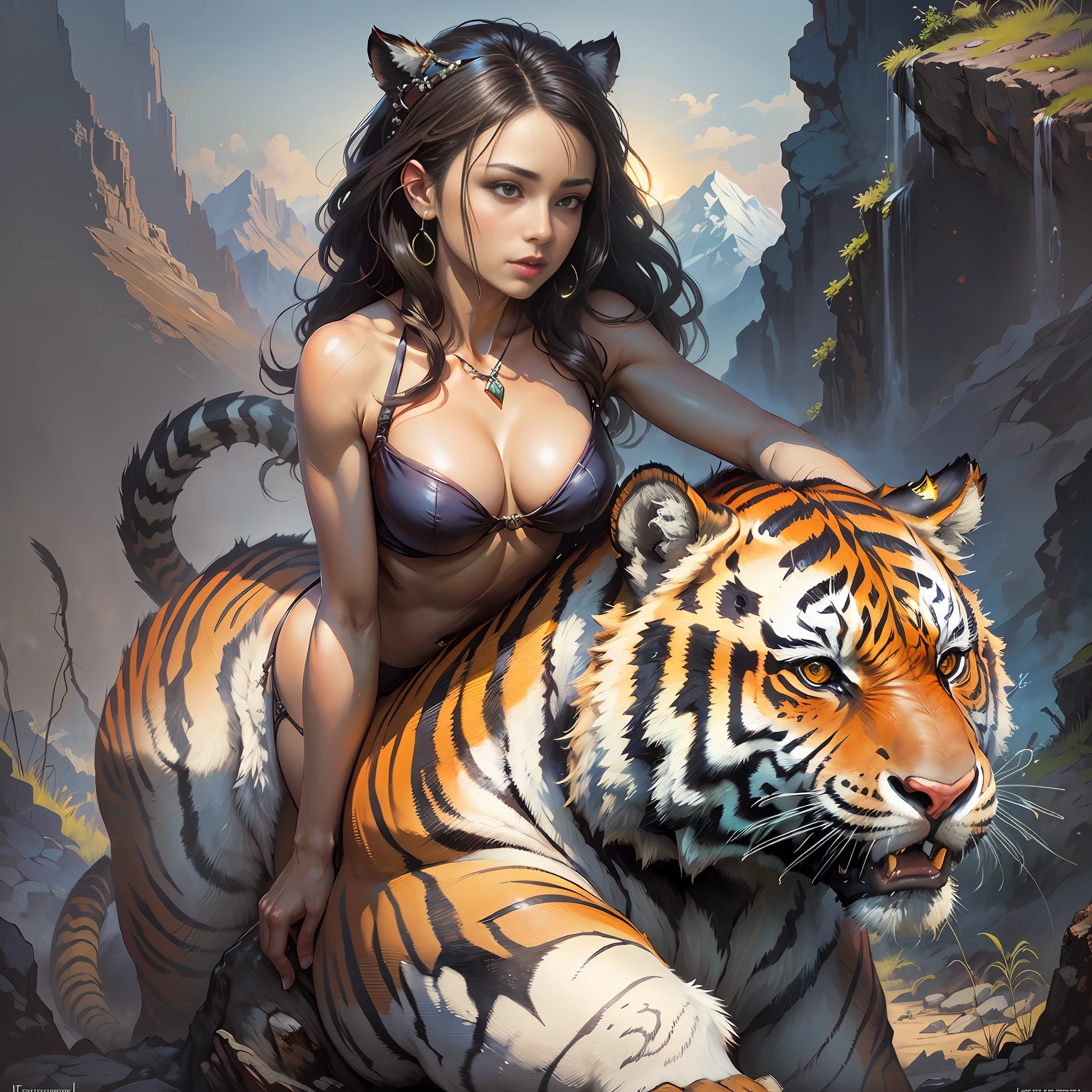 (masterpiece), (best quality), (ultra detailed), (cinematic lighting), (illustration), Frazetta, (a woman on a tiger ), mountain,