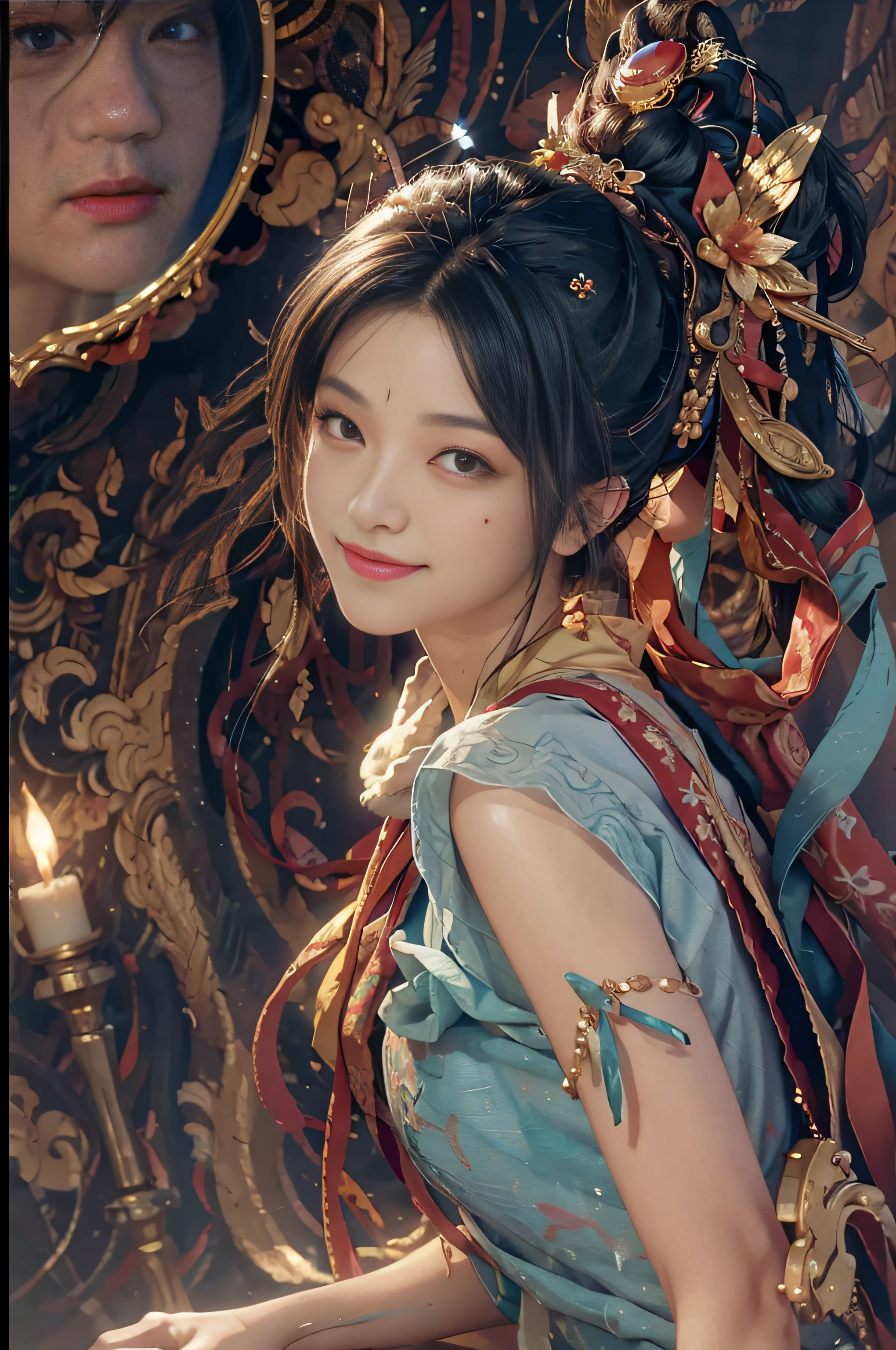 (RAW Photo, Best Quality), (Realistic, Photorealistic Photo: 1.3), Best Quality, Highly Detailed, Masterpiece, Ultra Detailed, Illustration, 1girl, upper_body, Dynamic Angle, World Mastery Theater, messy_long_hair, Best Quality, Extremely Detailed CG Unified 8k Wallpaper, Ink, Amazing, Movie Lights, lens_flare, dunhuang_style, Flyby, Edge Light, Cute Smile