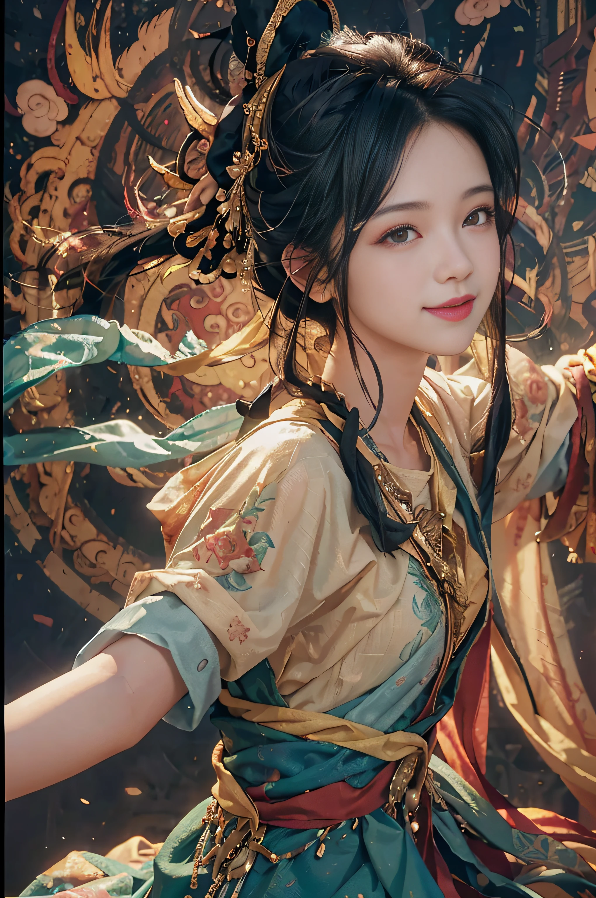 (RAW Photo, Best Quality), (Realistic, Photorealistic Photo: 1.3), Best Quality, Highly Detailed, Masterpiece, Ultra Detailed, Illustration, 1girl, upper_body, Dynamic Angle, World Mastery Theater, messy_long_hair, Best Quality, Extremely Detailed CG Unified 8k Wallpaper, Ink, Amazing, Movie Lights, lens_flare, dunhuang_style, Flyby, Edge Light, Cute Smile