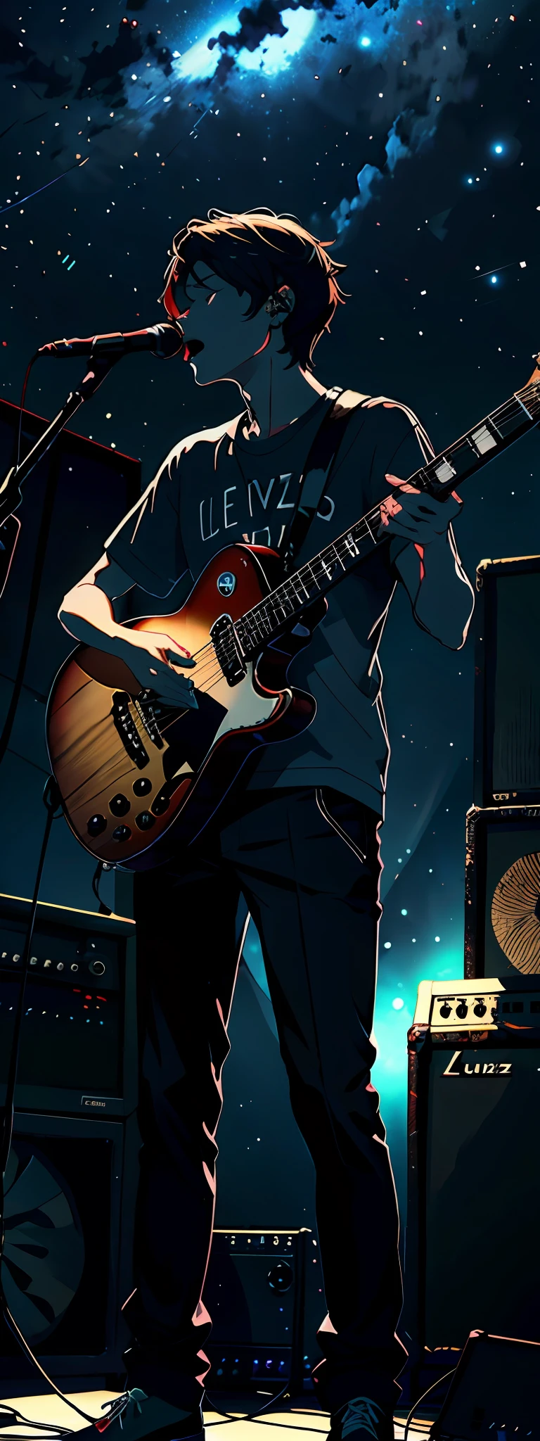 Garoto com uma guitarra no palco, varias luzes, illuminated sky, com uma luz linda
