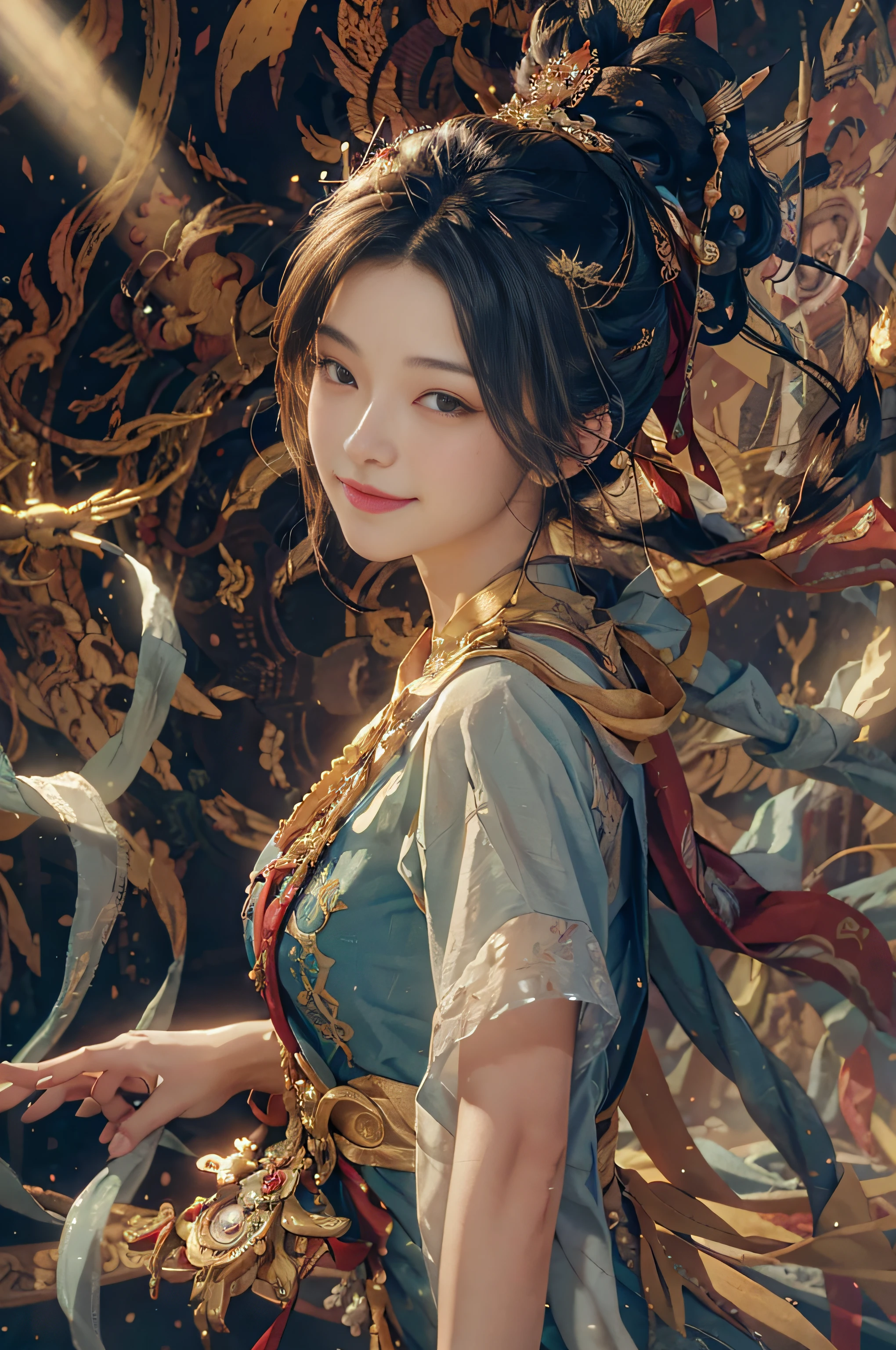 (RAW Photo, Best Quality), (Realistic, Photorealistic Photo: 1.3), Best Quality, Highly Detailed, Masterpiece, Ultra Detailed, Illustration, 1girl, upper_body, Dynamic Angle, World Mastery Theater, messy_long_hair, Best Quality, Extremely Detailed CG Unified 8k Wallpaper, Ink, Amazing, Movie Lights, lens_flare, dunhuang_style, Flyby, Edge Light, Cute Smile