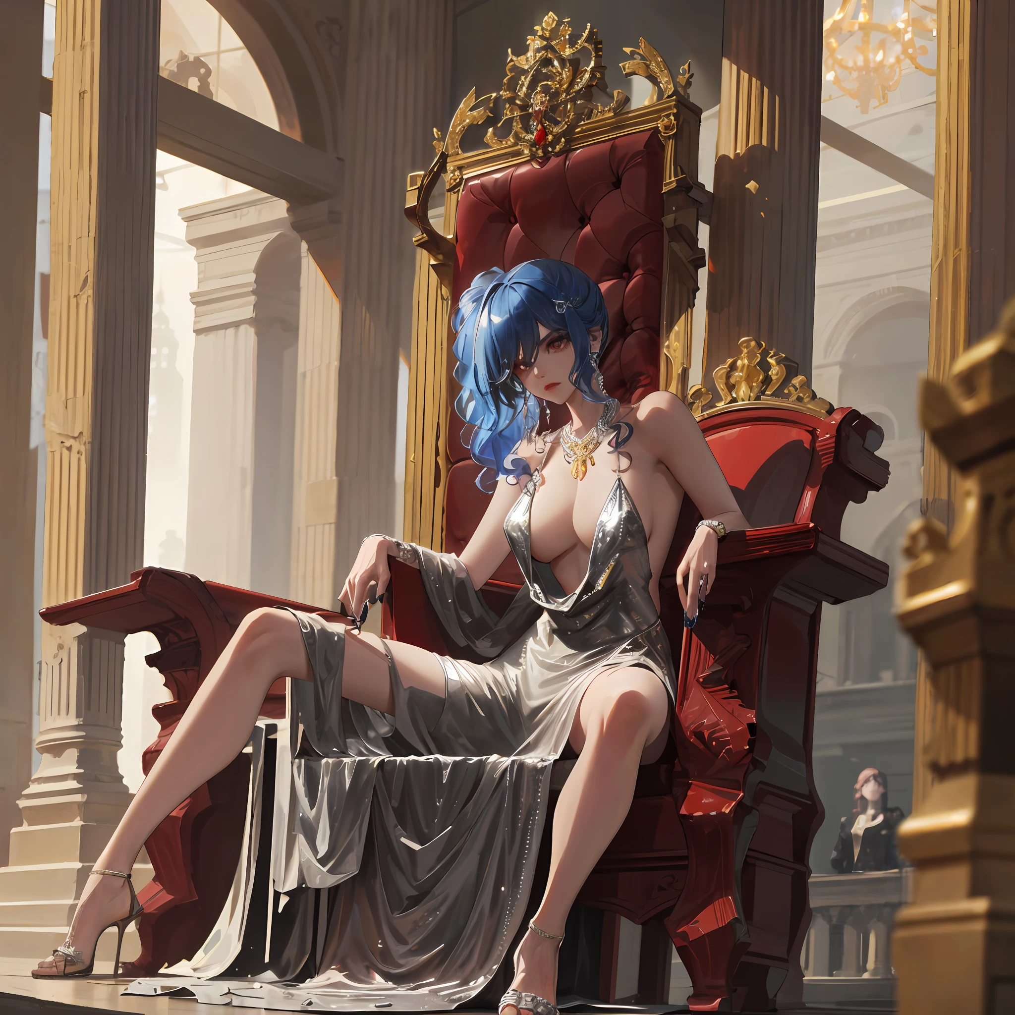 there is a woman sitting on a chair in a silver dress, elegant glamourous cosplay, glamourous cosplay, draped in shiny gold and silver, Anime girl cosplay, Gorgeous Role Play, on her throne, draped in shiny golden oil, sitting in a gilded throne, cyberpunk angry gorgeous goddess, artgerm moody photography, seductive anime girls, captured on canon eos r 6