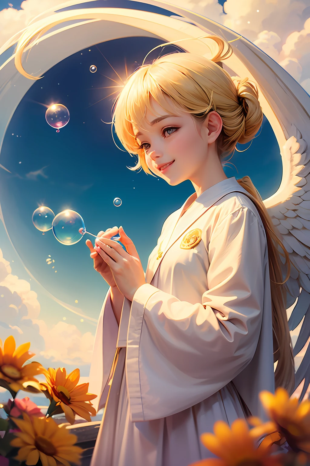 an angel、ayu、Happy smile、Gentle background、the clouds、Colorful clouds、Fantastical、Bright background、high picture quality、tenderness、joy、aureole 、soap bubbles --auto