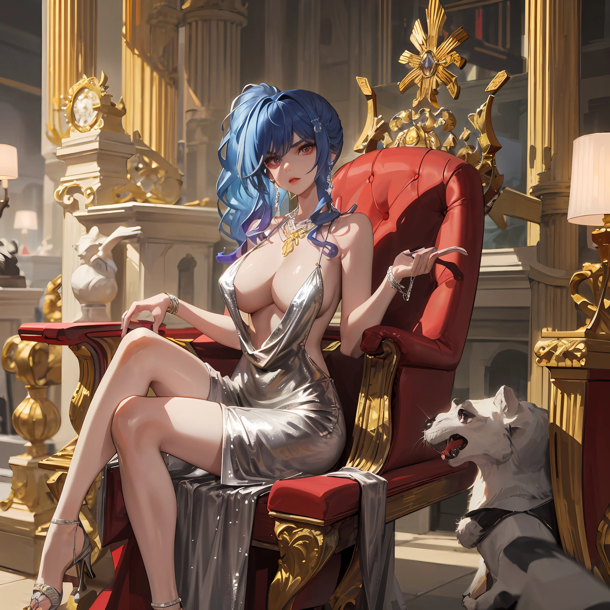 there is a woman sitting on a chair in a silver dress, elegant glamourous cosplay, glamourous cosplay, draped in shiny gold and silver, Anime girl cosplay, Gorgeous Role Play, on her throne, draped in shiny golden oil, sitting in a gilded throne, cyberpunk angry gorgeous goddess, artgerm moody photography, seductive anime girls, captured on canon eos r 6