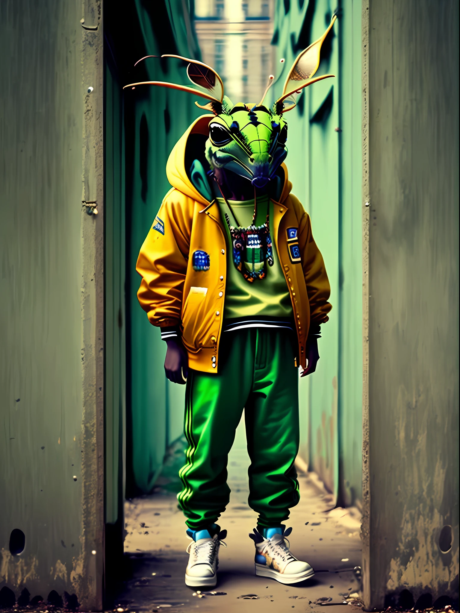Image of a grasshopper standing, vestindo roupas estilo hip-hop, caixas de som, estilo anos 90