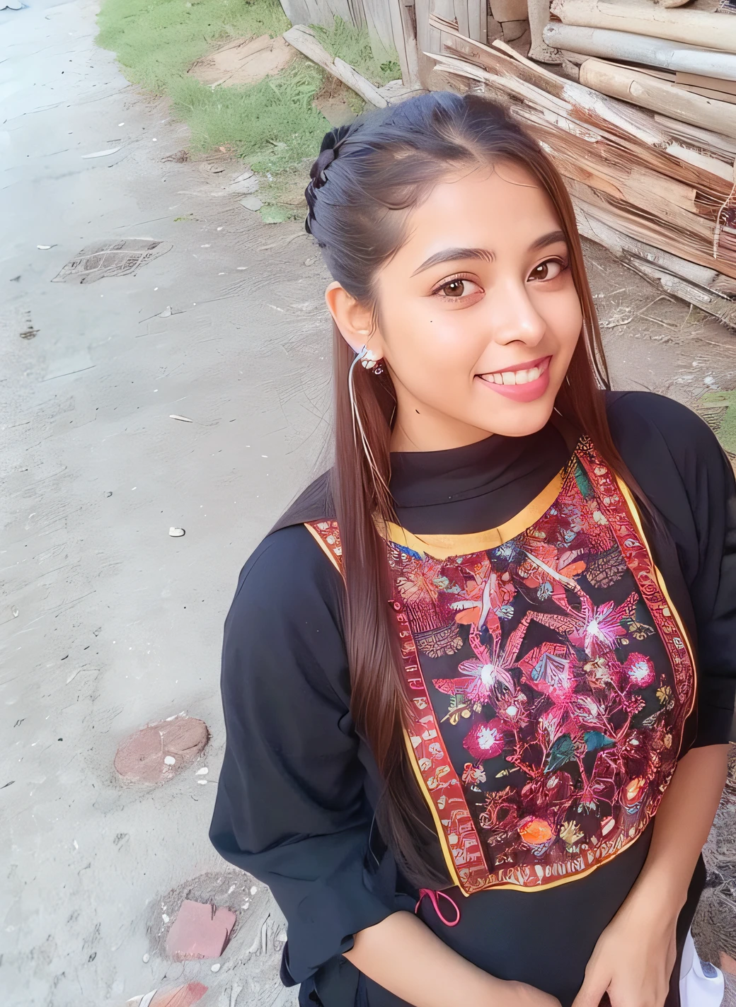 there is a woman standing next to a fence with a black shirt, very very low quality picture, with lovely look, with a beautifull smile, wearing an elegant tribal outfit, traditional beauty, with long hair, candid picture, kyza saleem, indian girl with brown skin, wearing bihu dress mekhela sador, with accurate face, wearing a kurta