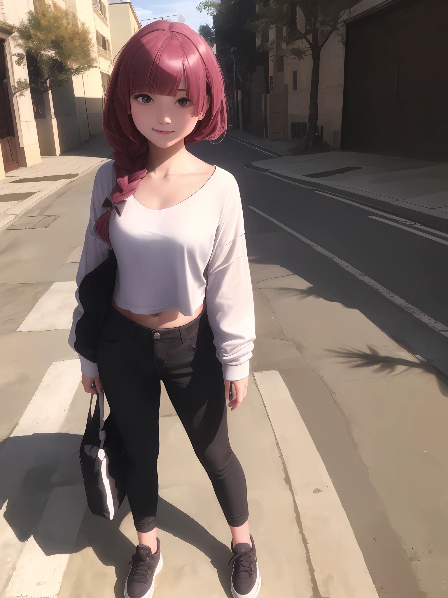 1girl, solo, Kikuri Hiroi stainding on the street, full body shot, daylight, sunlight, (perfect body : 1.1), (extremely beautiful), (masterpiece), beautiful lighting ,perfect lightning, realistic shadows, [highres], (realistic:1)