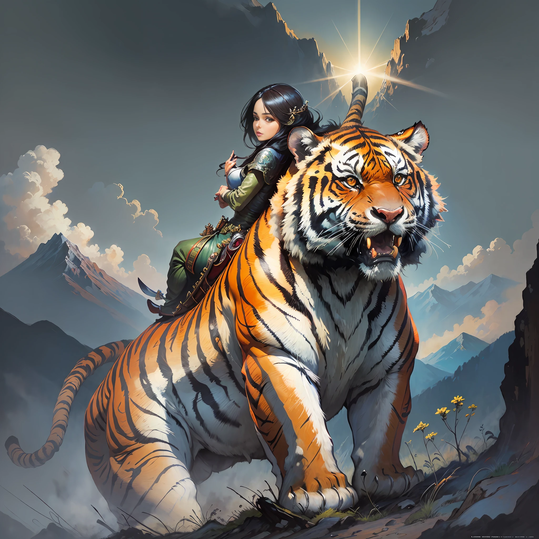 (masterpiece), (best quality), (ultra detailed), (cinematic lighting), (illustration), Frazetta, (a woman on a tiger ), mountain,