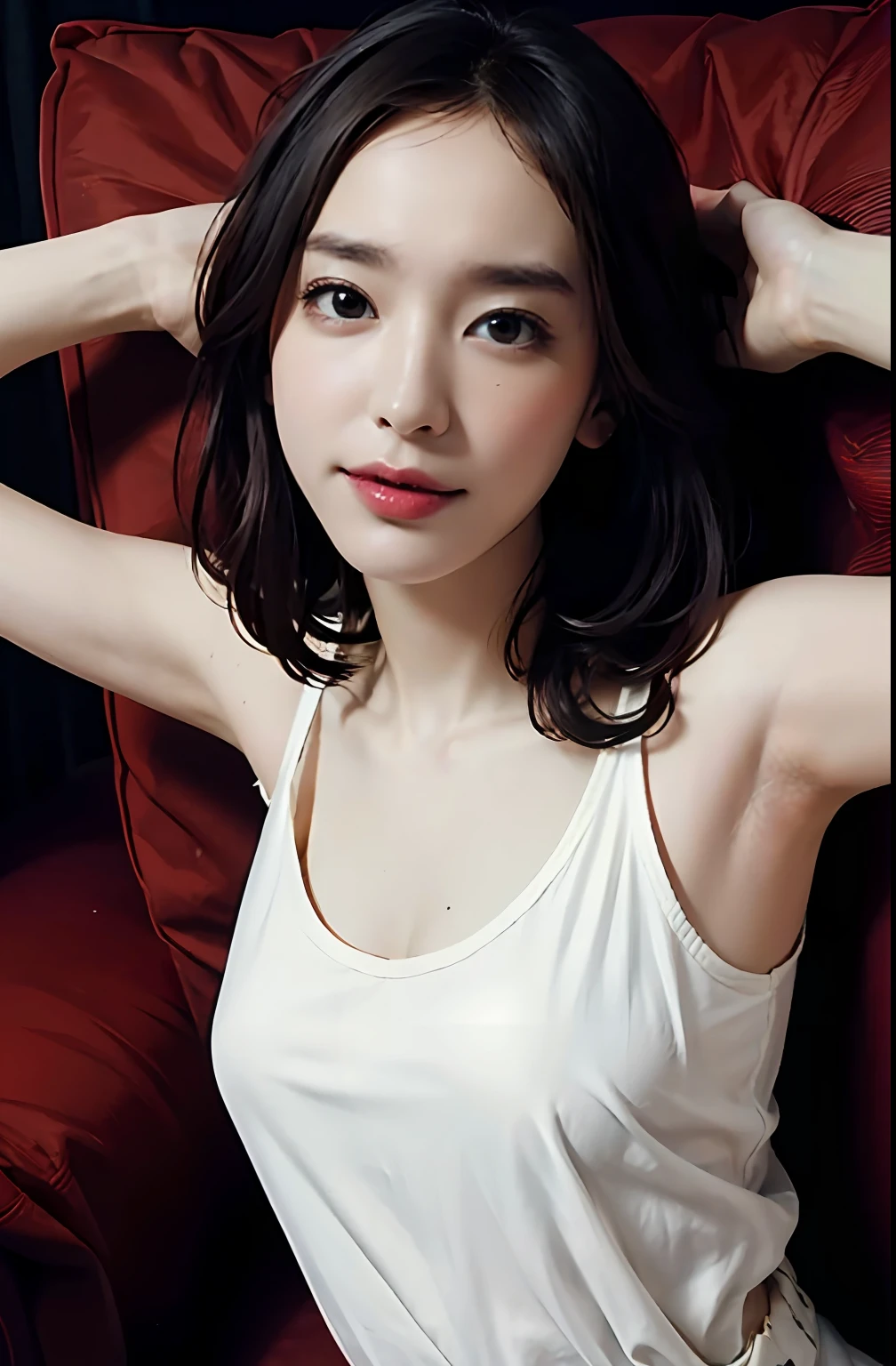 (Ultra Real), (Illustration), (High Resolution), (8K), (Very Detailed), (Best Illustration), (Beautiful Detailed Eyes), (Best Quality), (Ultra Detailed), (Masterpiece), (Wallpaper), (Detailed Face), Company, Armpits, Short Hair, Inner Color,Solo,Simple Red Underwear Girl, Sweaty, Japan person,  couch, on couch, cushion, all fours, looking at viewer, straight-on, pov, white tank top,