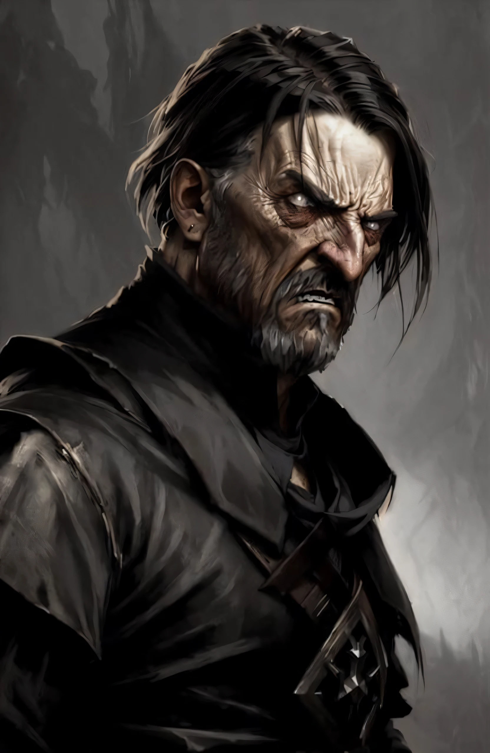 Style by Style Style-Crypt award winning epic oil painting of an older male medieval peasant, (angry expression:1.2), sinister, evil, (backlighting:1.3), digital painting, concept art, smooth, sharp focus, rule of thirds, dark fantasy,intricate details, art by aleksi briclot, medium shot, (shallow depth of field:1.3)
