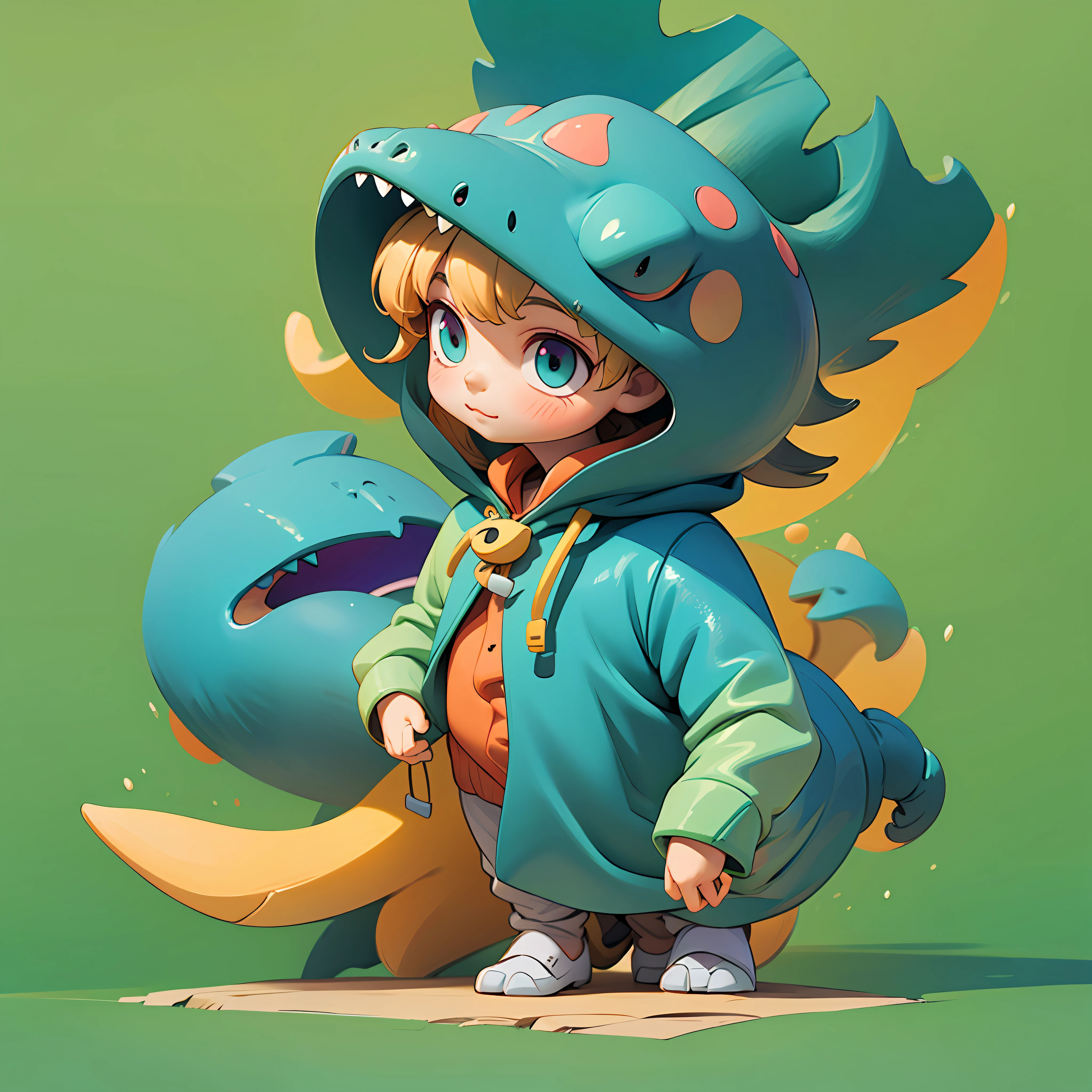 Cute cartoon little boy wearing little dinosaur hooded costume dinosaur head is a hat