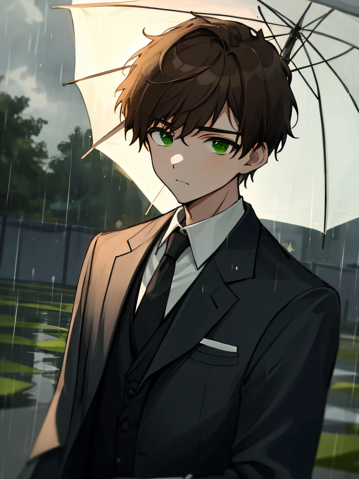 (masterpiece, best quality, absurdres), 1boy, solo, solofocus, brown hair, short hair, green eyes, ager, super closeup, outdoors, formal clothing, black suit, rain, rainy clouds, undone tie, bandages