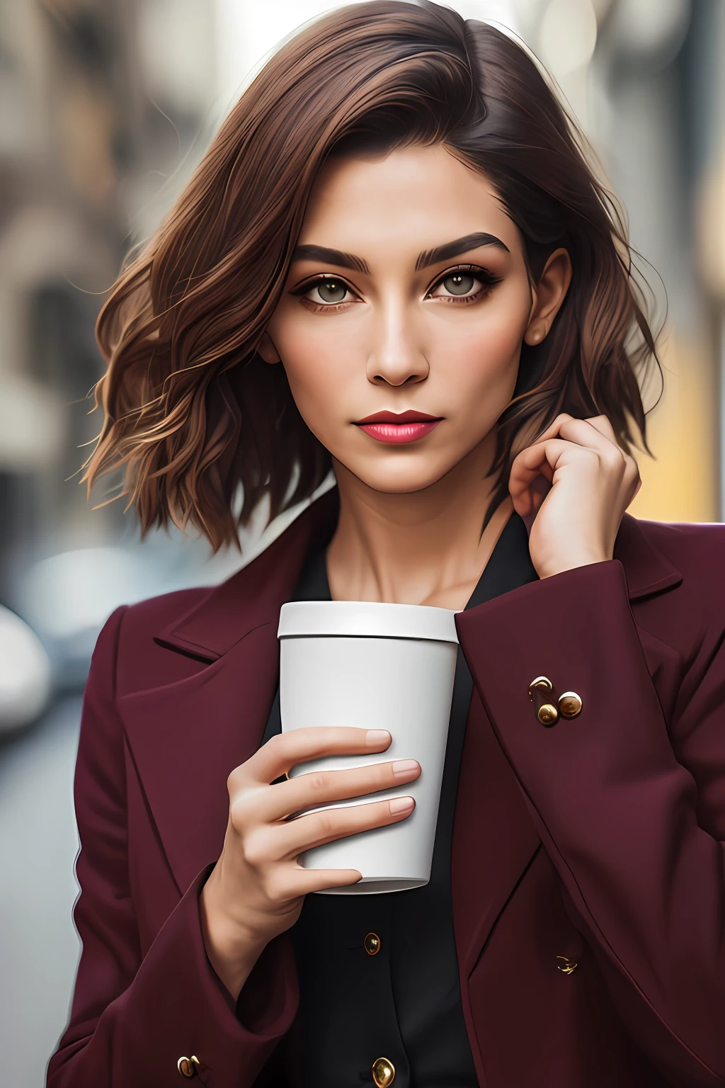 Realisata and cinematic photo of a mature woman with light short hair, com destaques loiros, holding a cup, perfect hands and no deformities, cinco dedos, with eyes fixed on the camera, Forma de rosto oval, lips closed, in Milan, corpo inteiro, com colares dourados, jaqueta de couro, pele clara realista , Realistic details, Detalhes completos, melhor qualidade, detalhes extremamente ricos, Masterpiece, muito detalhado incrivelmente detalhado, perspicacity, detalhes + Professional lighting, photographic lighting + 50 millimeters, 80mm, 100m + Galeria do Lightroom + Behance Fotos + Unsplash --Estilo RAW 50,