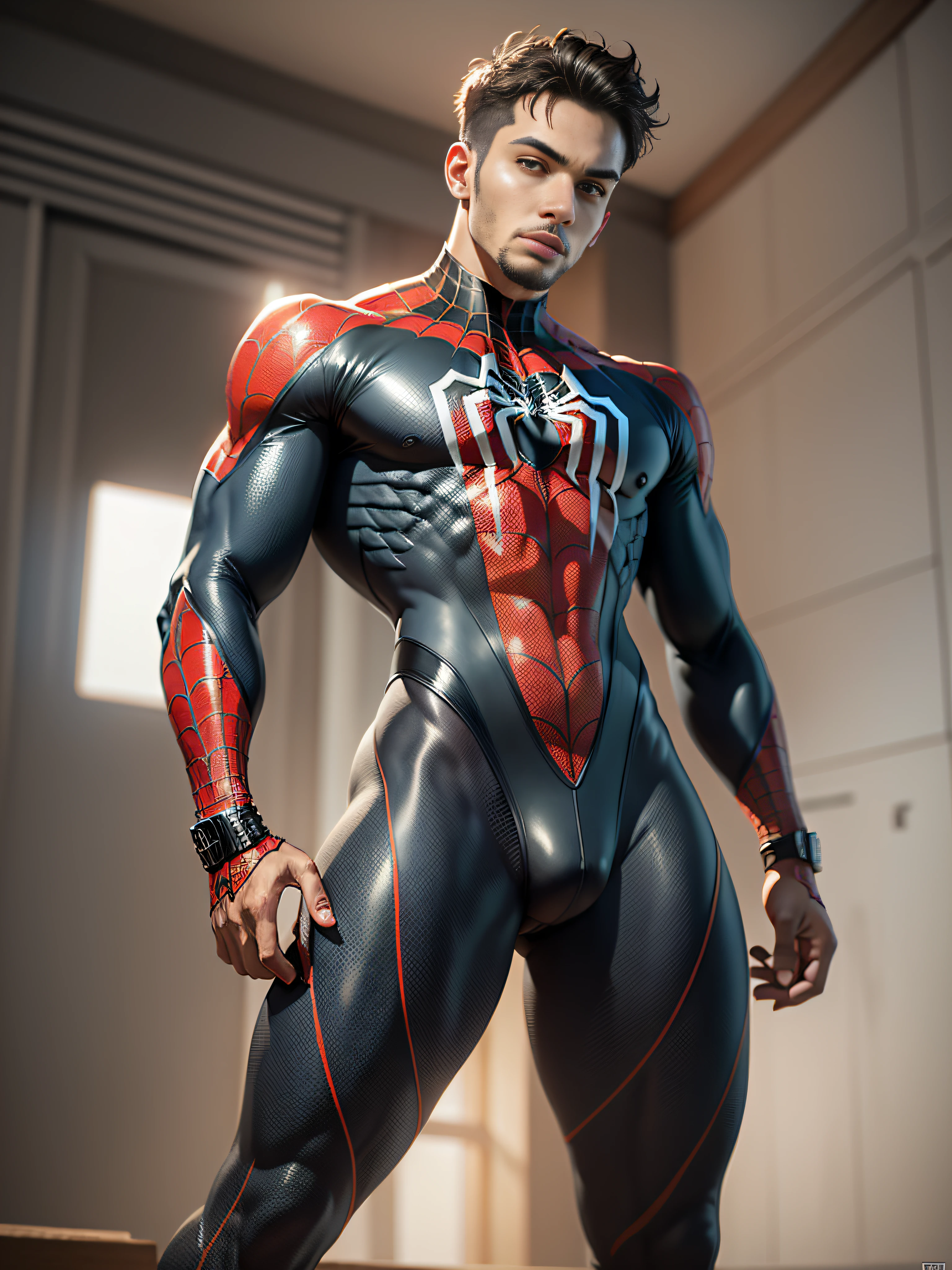 (hyper-realistic digital illustration), signings, best quality, spiderman / miles morales wearing micro thong, full mast, erect bulge, transparent thong, dark skin, mysterious and imposing, looking at camera, piercing gaze, full body, full view, perfect body, muscular, athletic body, male, intricate details, realistic, hyper realistic, full view, blurred background, cinematic style, Nikon RAW photo, 8k, Fujifilm XT3, smooth rendering