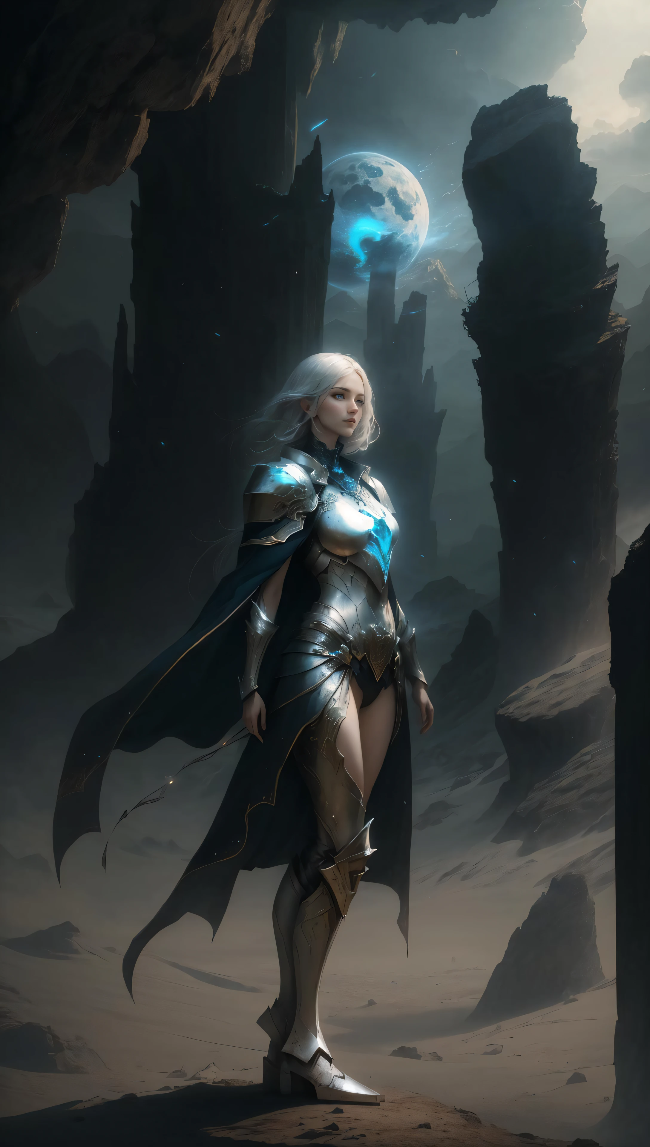 woman wearing magic-fantasy-mech armor flowing cape, standing on a barren planet, planet in the sky, fcPortrait