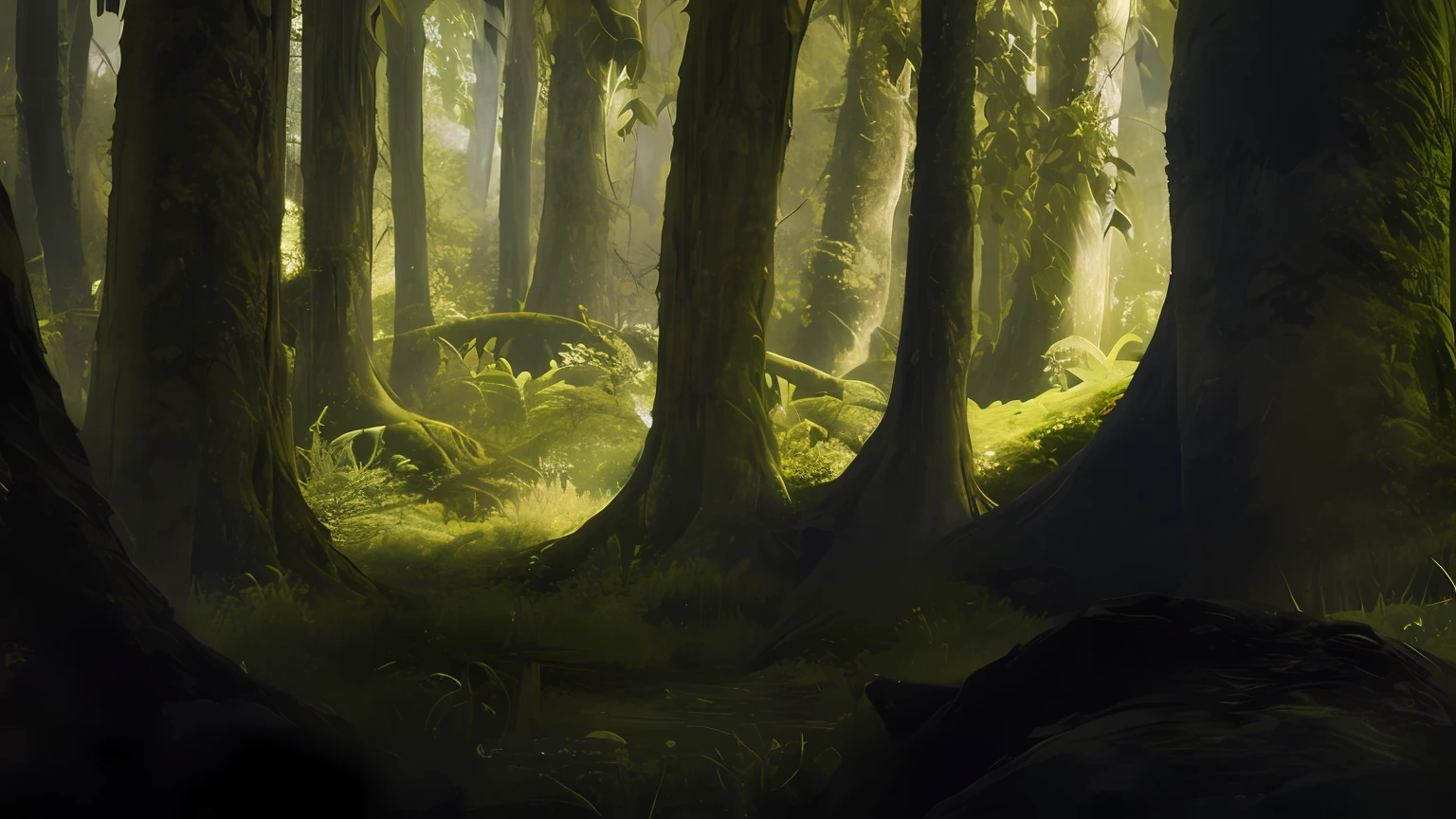There is an image of a forest with many trees, floresta antiga, tree's. pintura fosca, cinematic forest lighting, arte conceitual escura fotorrealista, organic matte painting, pintura fosca altamente detalhada, arte conceitual altamente realista, pintura do ambiente, uma floresta coberta, bela floresta antiga, artista do ambiente, pintura fosca renderizada em 3d, ambiente da floresta da fantasia, noite, mystery , noite, noturno, pintura fosca de 8 k