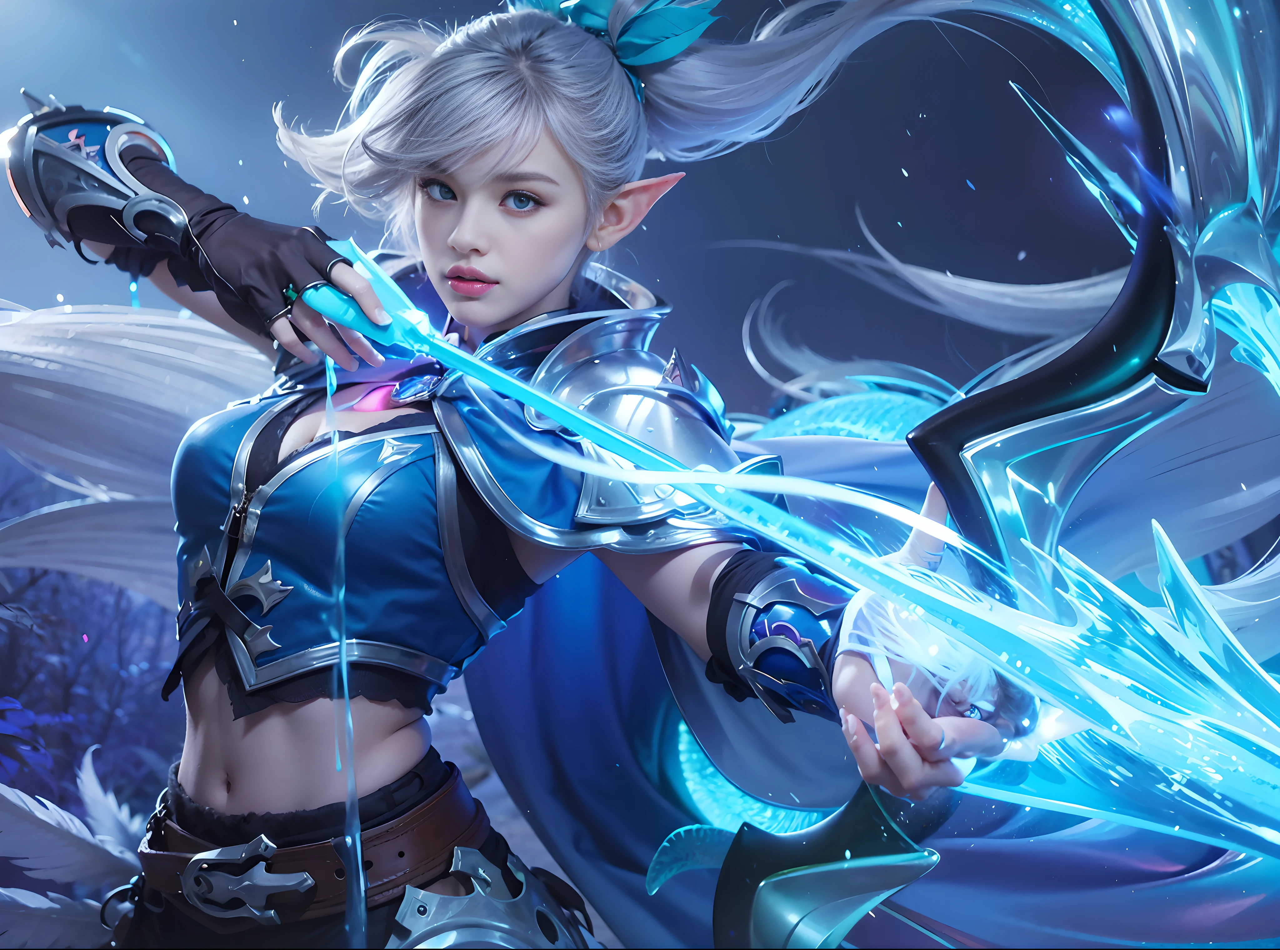 (female:1.2), 8k, ultra hd, ultra detailed texture, hyper realistic, masterpiece, detailed texture, detailed face, detailed skin, detailed lighting, (photorealistic:1.5), best quality, beautiful lighting, cinematic lighting, professional lighting, ultra highres, realistic, detailed hair, real hair, high quality, (realskin:1.5), extremely detailed, finely detail, ultra-detailed, 1girl, elf, solo, pointy ears, (blue eyes:1.2), pink lips, make up, pretty, beautifull, cute face, wonderland, eye shadow, v-shapped eyebrow, very long hair, ponytails, white hair, hair covering one eye, holding bow \(weapon\), aiming, bare shoulder, separate sleeves, armor shoulder, silver armor, blue cape, blue sleeveless, gloves fingerless, armor elbow, large breasts, cleavage, navel, stomach, night, galaxy, blurry background, belt, black pants, blue light, blue energy, electric, feather, miya \(mobile legends\), closed mouth, looking aways, amazing pose