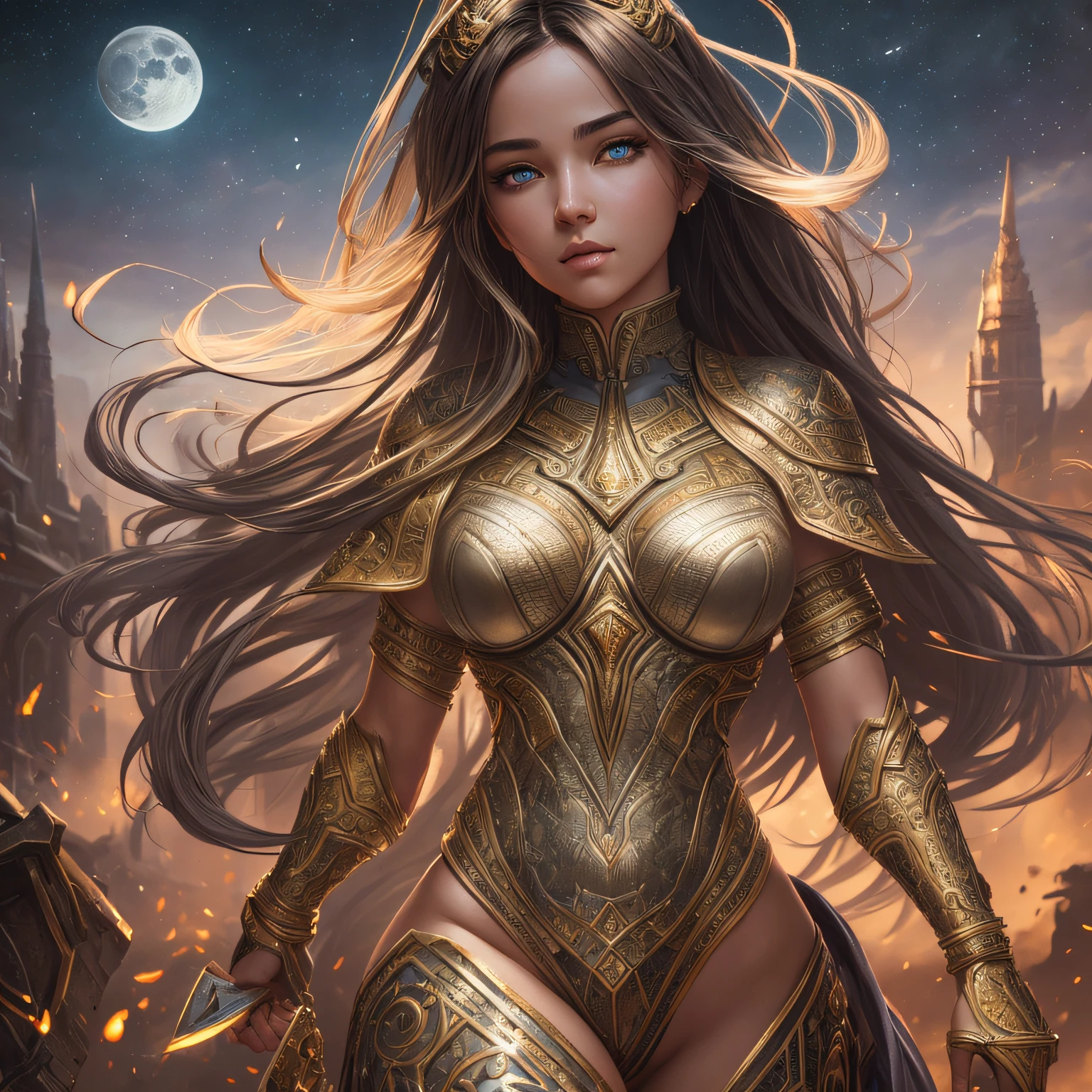 refazer anterior ID: 44372007735365 not modify face, manter rosto original, garota linda, longos cabelos azuis, fantasia de fundo, cabelos azuis, armadura no seios, Armor on the left arm with large gems, necklace with golden moon on neck --auto