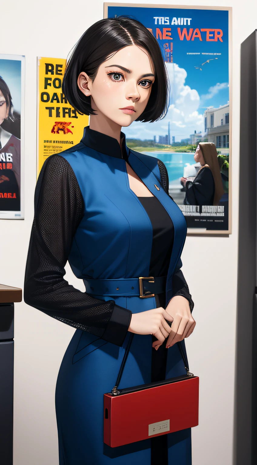 Science Fiction,Sci-Fi,Sci-Fi Movies,Movie Posters,Foundation Movie References,Stories about Rebellion,Anti-Government Groups,Politics,War,25-Year-Old Woman,Adult,Dark Blue Water-Colored Eyes,Black Bob Short Hair,1945 Doctor Gown,Fully Dressed,Polite Dress,Serious Face,Realistic Face Resolution,Realistic,Object Resolution