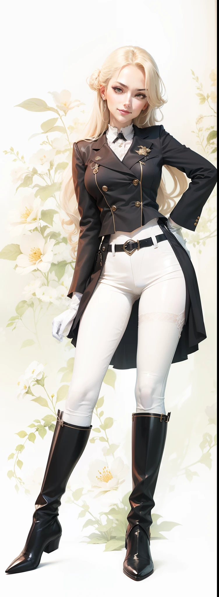 Anime, Illustration, dominatrix, queen, femdom, equestrian, seductive, devious, woman, white blouse, gloves, long hair, smug, smirk,from below