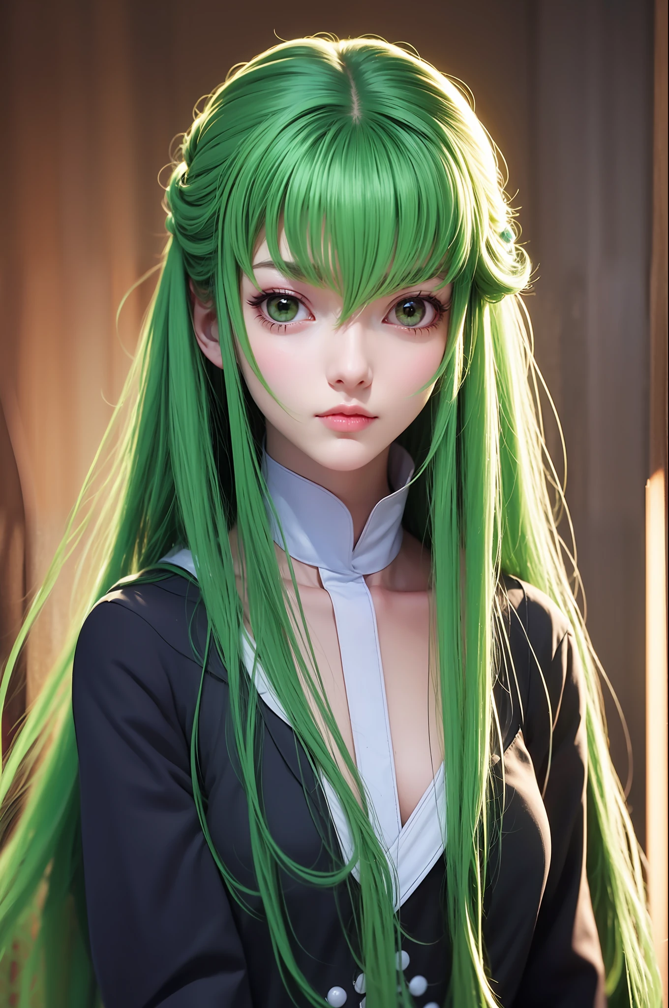 CC，From the rebellious Lelouch anime work，Primary role tasks，Long flowing light green hair，Melon seed face unique to oriental women，fully, Very cute，prette，A mysterious atmosphere，Immortal body