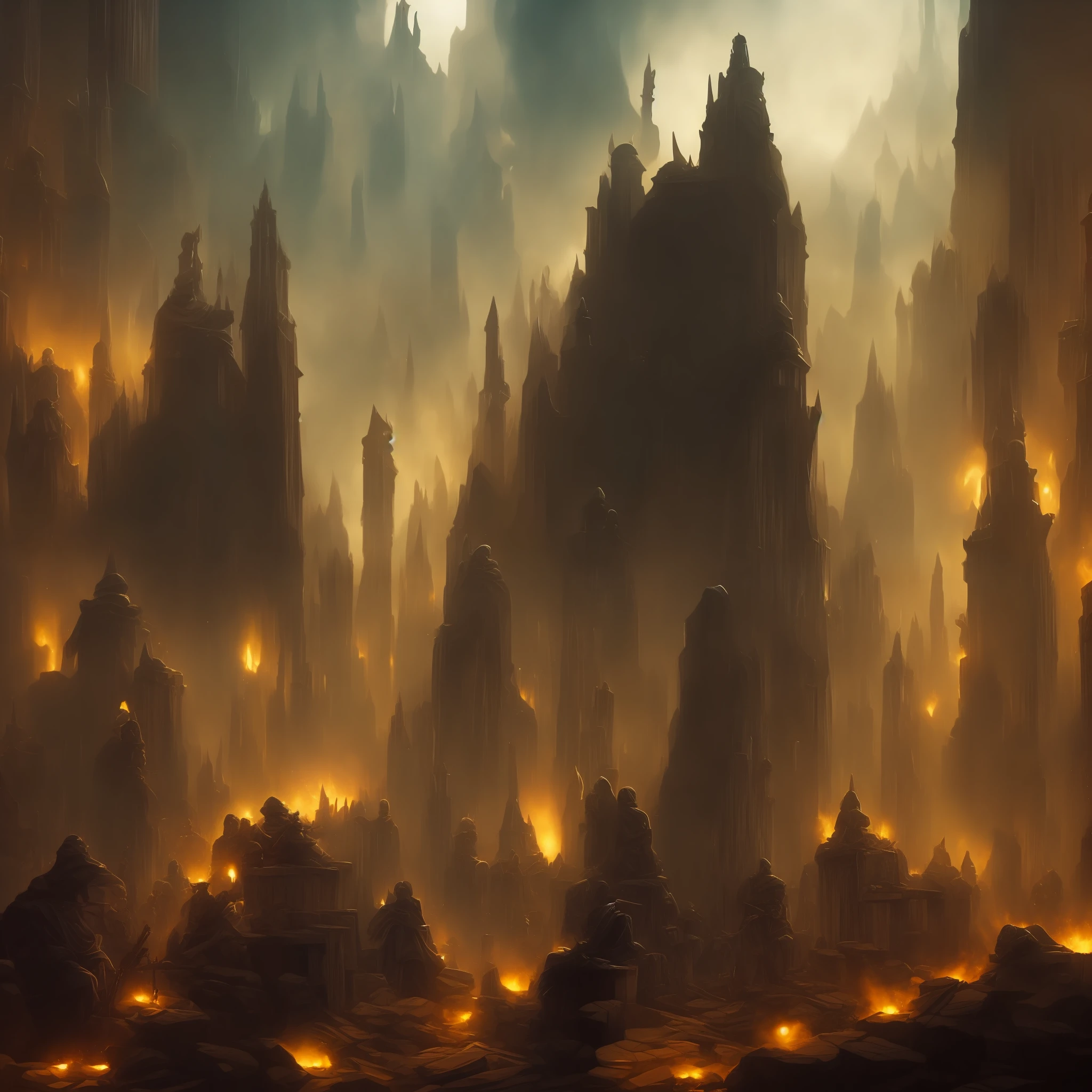tall humanoid eyeless beings with black marks going from their orbitals to the bottom of their mandible, wearing long cloaks, wielding large wooden staffs with colored crystals on top, in a magic city --auto