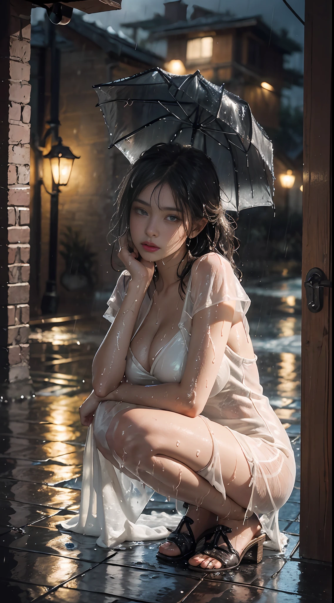 (masterpiece:1.2, best quality), (real picture, intricate details), (night, dark, downpour:1.4)
There was no one in the alley, and the surroundings were silent, only the raindrops sprinkled on the tile eaves of the low houses near and far, making a slight rustling sound. In the cold rain, (1 beautiful 22 year old pakistani girl, big breasts, wet dress, super sexy, perfect eyes:1.2) squatting on the ground, legs wide spread, deep cleavage, dynamic pose, small clothes drenched in rain, hyper realistic, highly detailed, 8K, 3D HDR