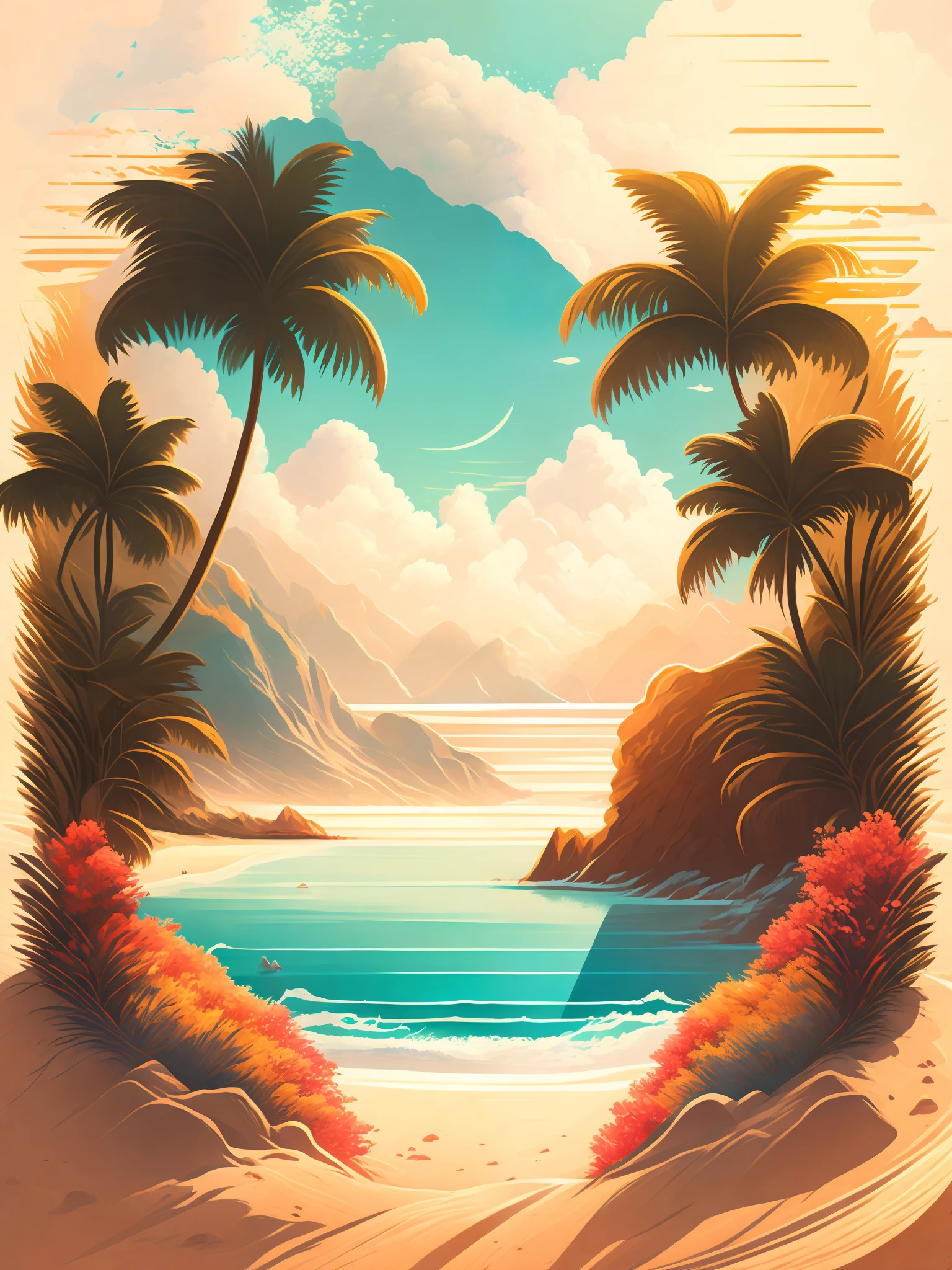 A painting of a beach with palm trees and a body of water - SeaArt AI