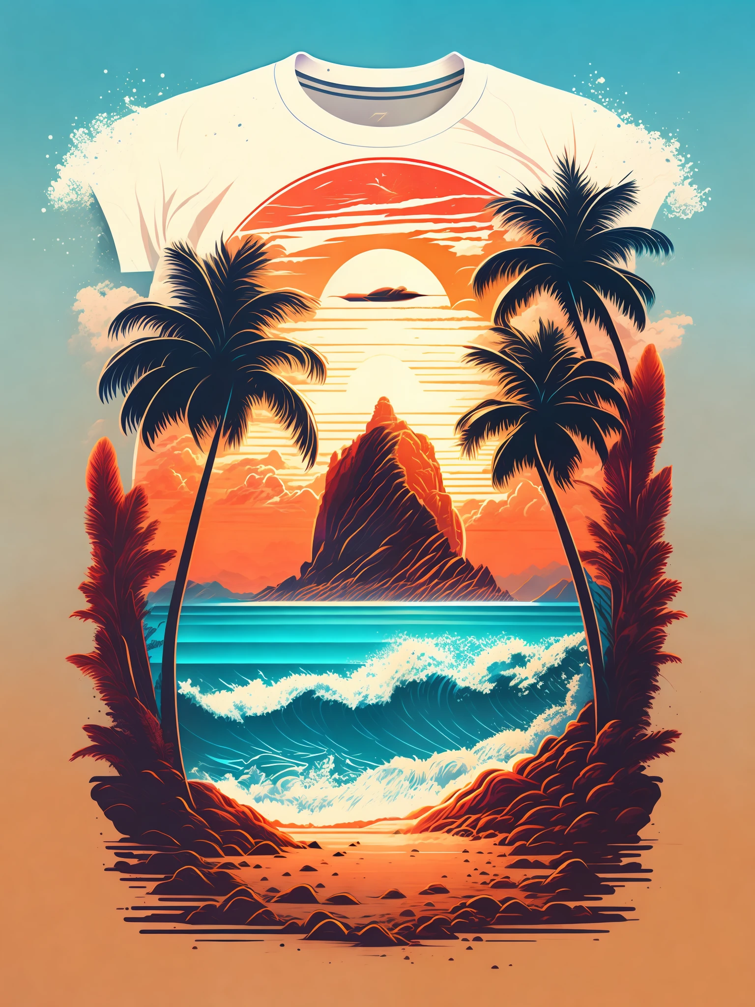 A beach in a summer landscape, T-shirt design, Midjourney, Vector Art, Hydro74