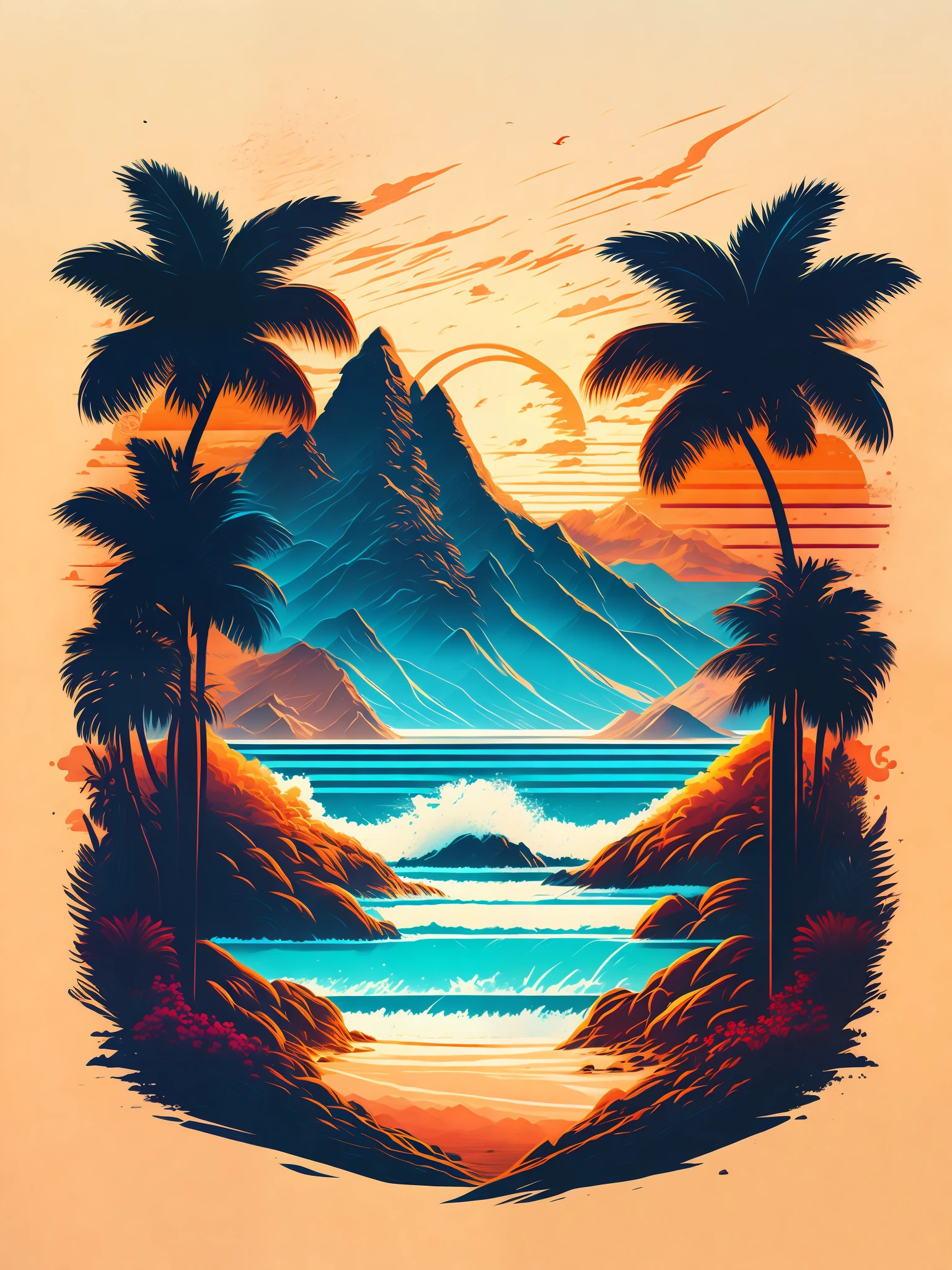 A beach in a summer landscape, T-shirt design, Midjourney, Vector Art, Hydro74