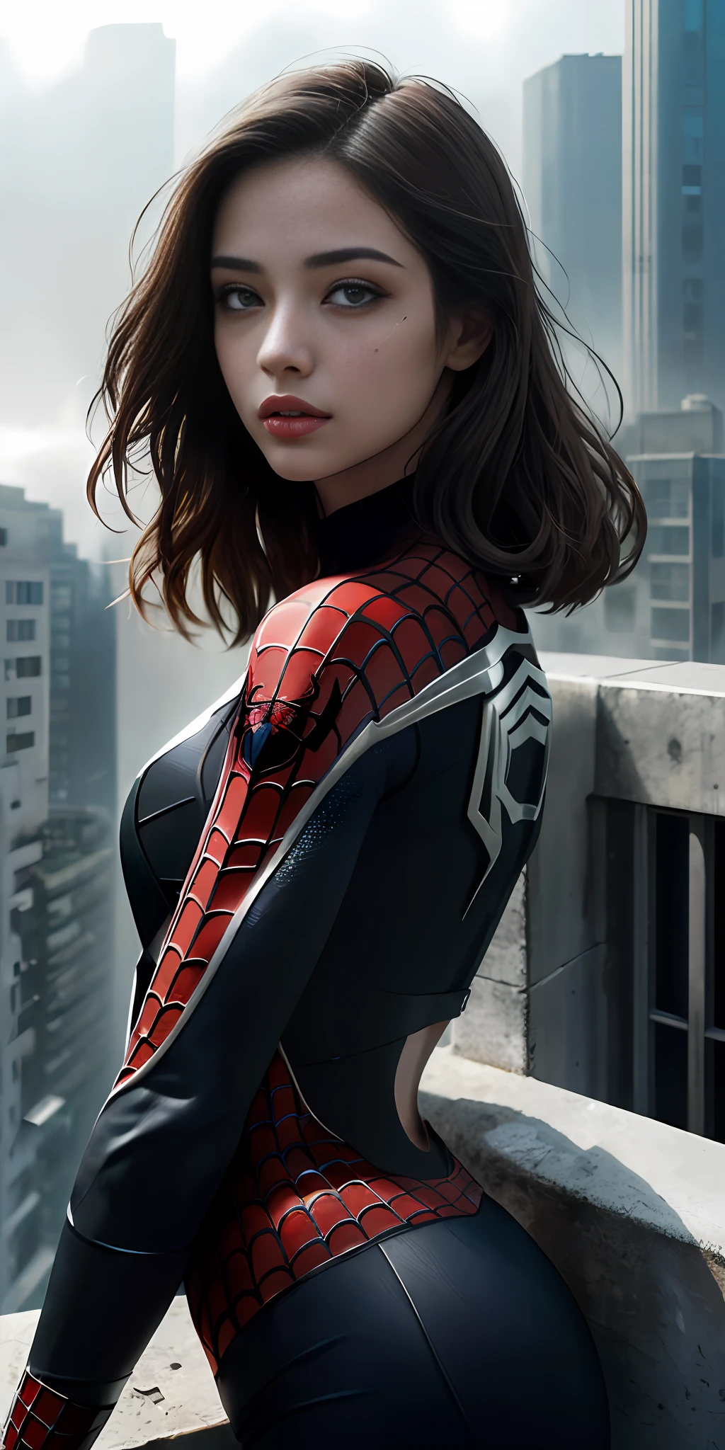 (1girl:1.3), Solo, (((Very detailed face)))), ((Very detailed eyes and face)))), Beautiful detail eyes, Body parts__, Official art, Unified 8k wallpaper, Super detailed, beautiful and beautiful, beautiful, masterpiece, best quality, original, masterpiece, super fine photo, best quality, super high resolution, realistic realism, sunlight, full body portrait, amazing beauty, dynamic pose, delicate face, vibrant eyes, (from the front), She wears Spider-Man suit, red and black color scheme, spider, very detailed city roof background, rooftop, overlooking the city, detailed face, detailed complex busy background, messy, gorgeous, milky white, highly detailed skin, realistic skin details, visible pores, clear focus, volumetric fog, 8k uhd, DSLR, high quality, film grain, fair skin, photo realism, lomography, futuristic dystopian megalopolis, translucent