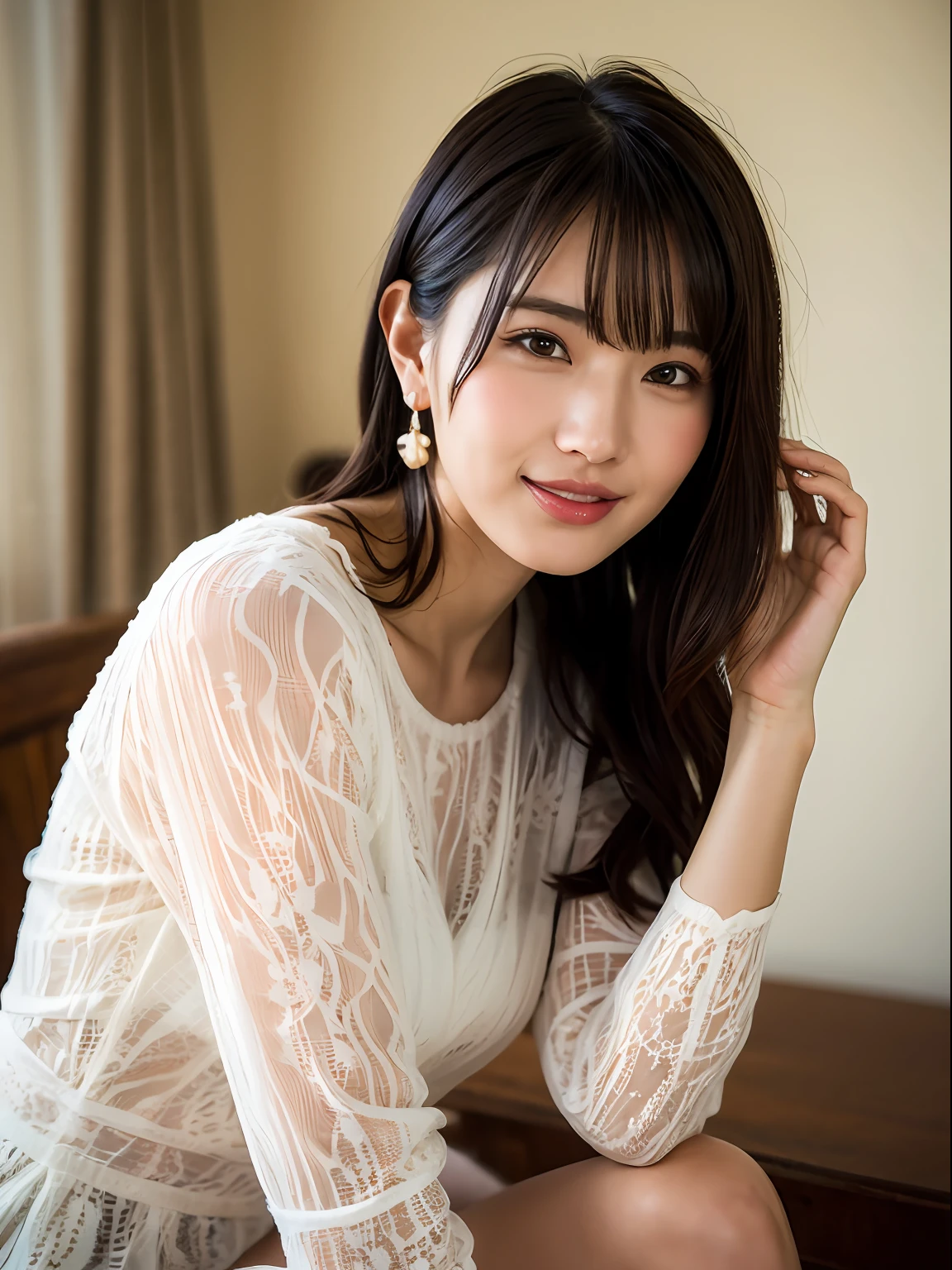 (8k, RAW photos, top quality, masterpiece: 1.2), ultra detailed, super resolution, (real, real photos: 1.37), portraits, high definition RAW color photos, professional photos, very detailed and beautiful, highly detailed, 8k wallpapers, amazing details, huge file size, official art, highly detailed CG Unity 8k wallpapers, highly detailed beautiful girls, highly detailed facesHighly detailed eyes, highly detailed skin, highly detailed fingers, highly detailed nose, highly detailed detailed mouth, perfect anatomy, detailed background, detailed clothes, one girl, (20:1.2), 20s, cute girl, realistic body, petite, white skin, radiant skin, slim body, handsome body, black hair, short hair, (dull bangs: 1.2), smile, cute, youthful, pretty face, realistic face, delicate eyes, sagging eyes, lingerie, see-through, earrings, looking at camera, cowboy shot, facing forward, sitting position, contrapposto, dynamic lighting, super big, cowboy shot