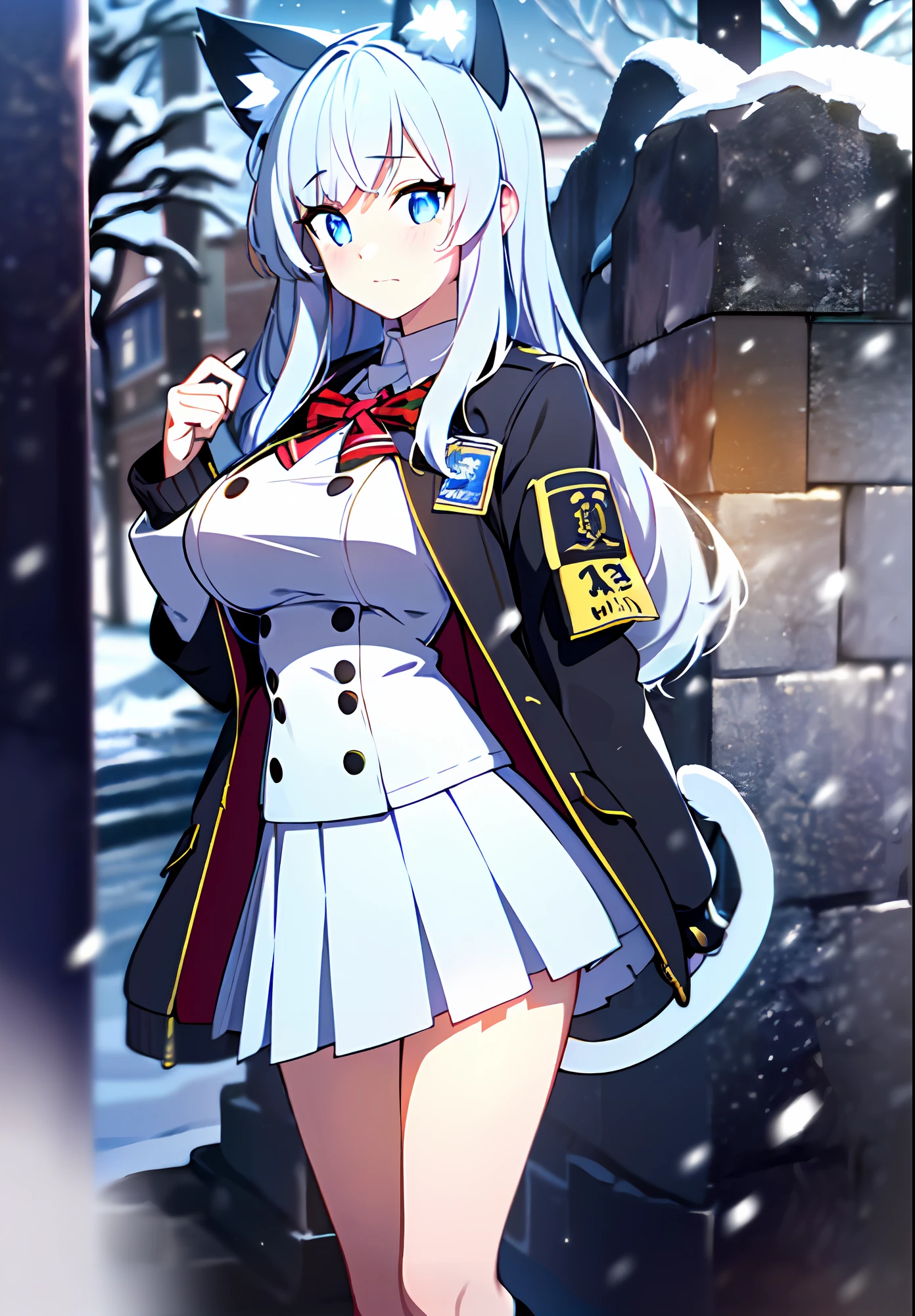 (sunaookami shiroko:1.2), {{{{masterpiece, extremely detailed, intricate details, soft focus, 8K, highres, depth of field, absurdres, high quality facial shadowing, dynamic shadowing, extreme shaders, cinematic lighting, perfect lighting, soft lighting, hazy lighting, blurry foreground, lens flare}}}}, best quality, asian qualities, {front view}, (solo:1.2), (beautiful young girl:1.3), high school girl, {{{extremely detailed girl, perfect anatomy, perfect body}}},(detailed cat ears:1.3), bright neon blue cat ears:1.1, (beautiful-detailed hair:1.3), (dark-silver hair:1.3), long luscious hair, (multi-layered hair:1.5), (hair splayed out:1.2), beautiful-detailed facial structure, detailed beautiful face:1.3, sexy face, cute face, slender facial structure, (detailed face:1.33), big eyes, (detailed glowing eyes:1.1), glowing bright blue eyes, (detailed facial expression:1.1), shy, detailed-slight red blush, (detailed boobs:1.2), medium size boobs, (slim waist:1.1), (slim legs:1.1), standing up, (winter school uniform:1.3), (detailed pure white winter school jacket:1.2), (detailed pure white checkered winter school skirt:1.2), (detailed pure white socks:1.2), (detailed black school shoes:1.3), winter night, (enhanced background:1.4), snow falling at midnight with clear skies overhead with a waterfall in the background, snow on sidewalks with Christmas lights on tree's surrounded the viewer, (full body shot:1.1), hazy photo, (warm photo:1.3)