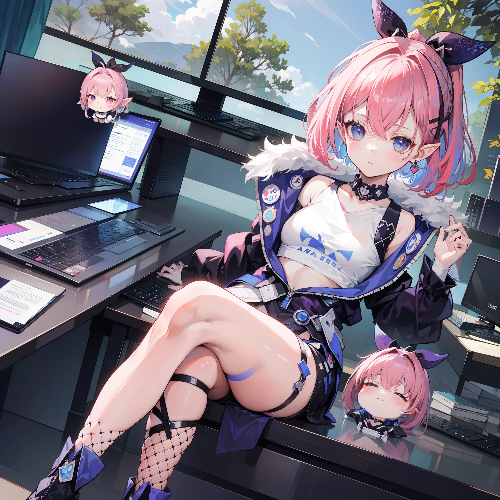 pink  hair，aseprite，pointy ears，forested，Cutes，shylily，blushful，computers