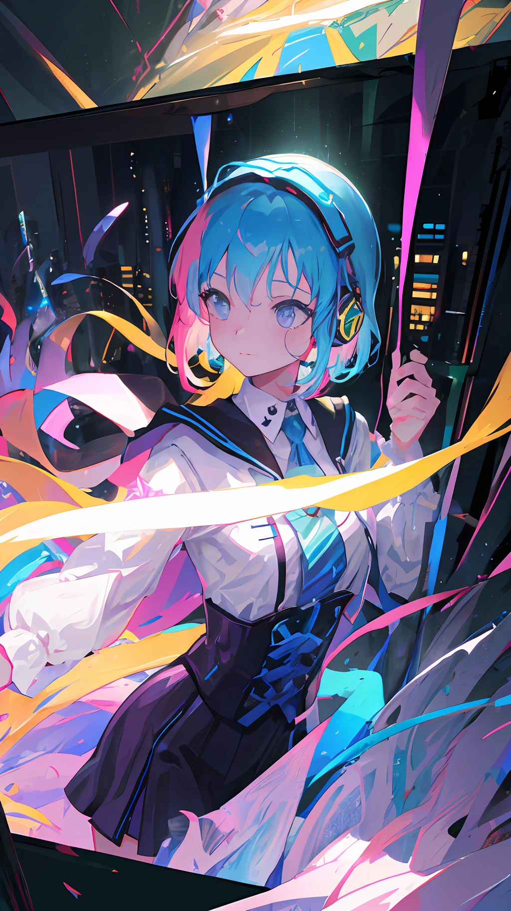 "Two female gamers enthusiastically dance in a dimly lit room, surrounded by a fantasy-themed setting with RPG-inspired lighting. The scene is highly detailed and realistic, with the girls' movements captured in ultra-realistic detail. The vibrant and colorful lighting creates a sense of immersion, with hues of blue, purple, and green evoking a magical atmosphere. The aspect ratio of the scene is slightly wider than a standard widescreen format, giving it a cinematic quality. The girls' outfits are adorned with colorful accessories and customized gaming gear, emphasizing their passion for gaming. One girl has pink hair and wears headphones, while the other has blue hair and holds a customized controller. Together they make an energetic, dynamic pair, embodying the spirit of gaming and camaraderie. The tags "--niji" and "--ar 3:2" suggest that the scene is inspired by Japanese pop culture and has been optimized for widescreen display."