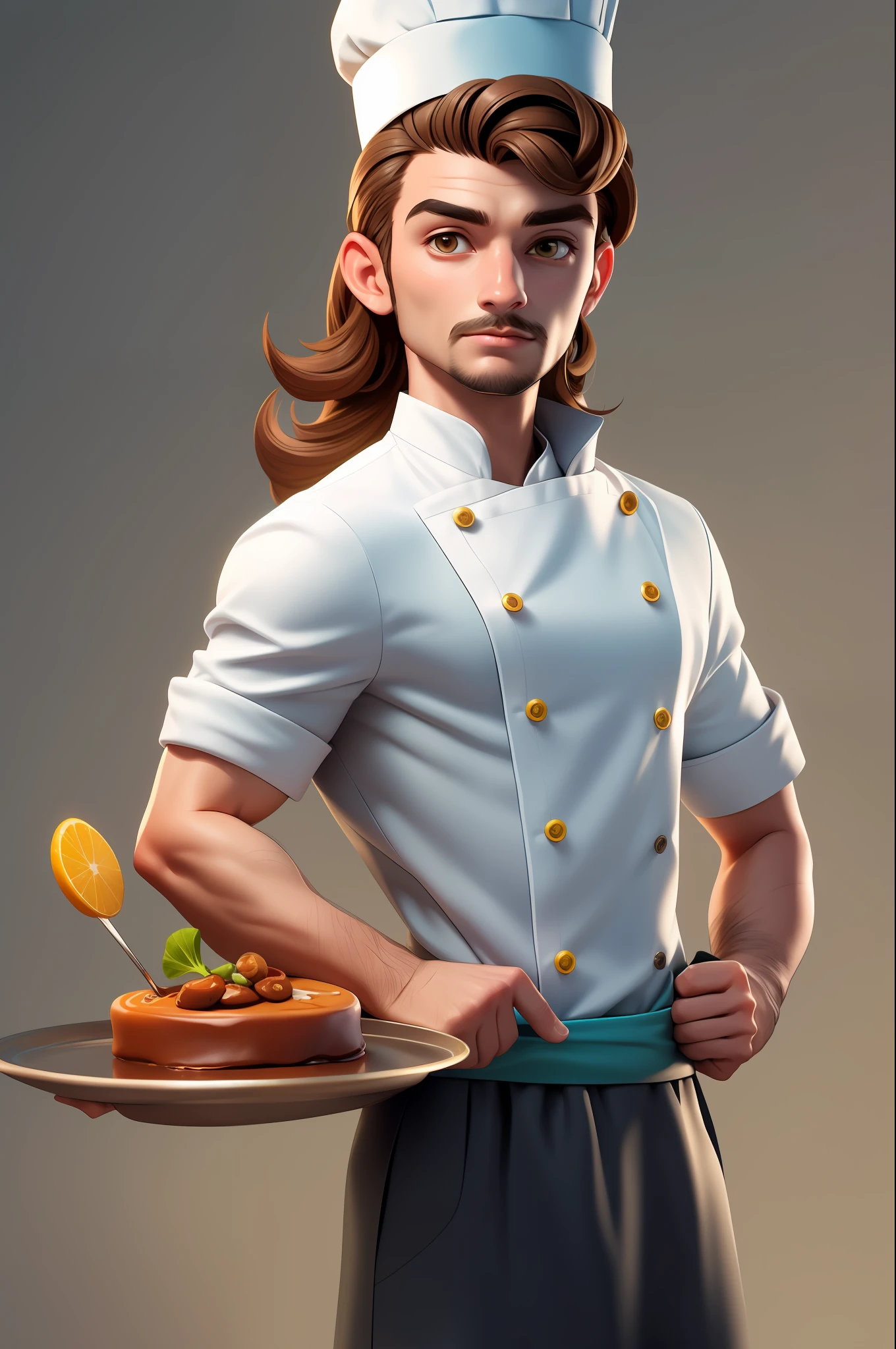 3dcharacter, (1man, 28 anos, masculino: 1.2), olhos castanhos , barba grossa ruiva, cabelo ruivo, V-Neck Top, (corpo inteiro: 1.2), fundo simples, obra-prima, melhor qualidade, wearing a chef's hat (fundo claro do gradiente marrom: 1.1)