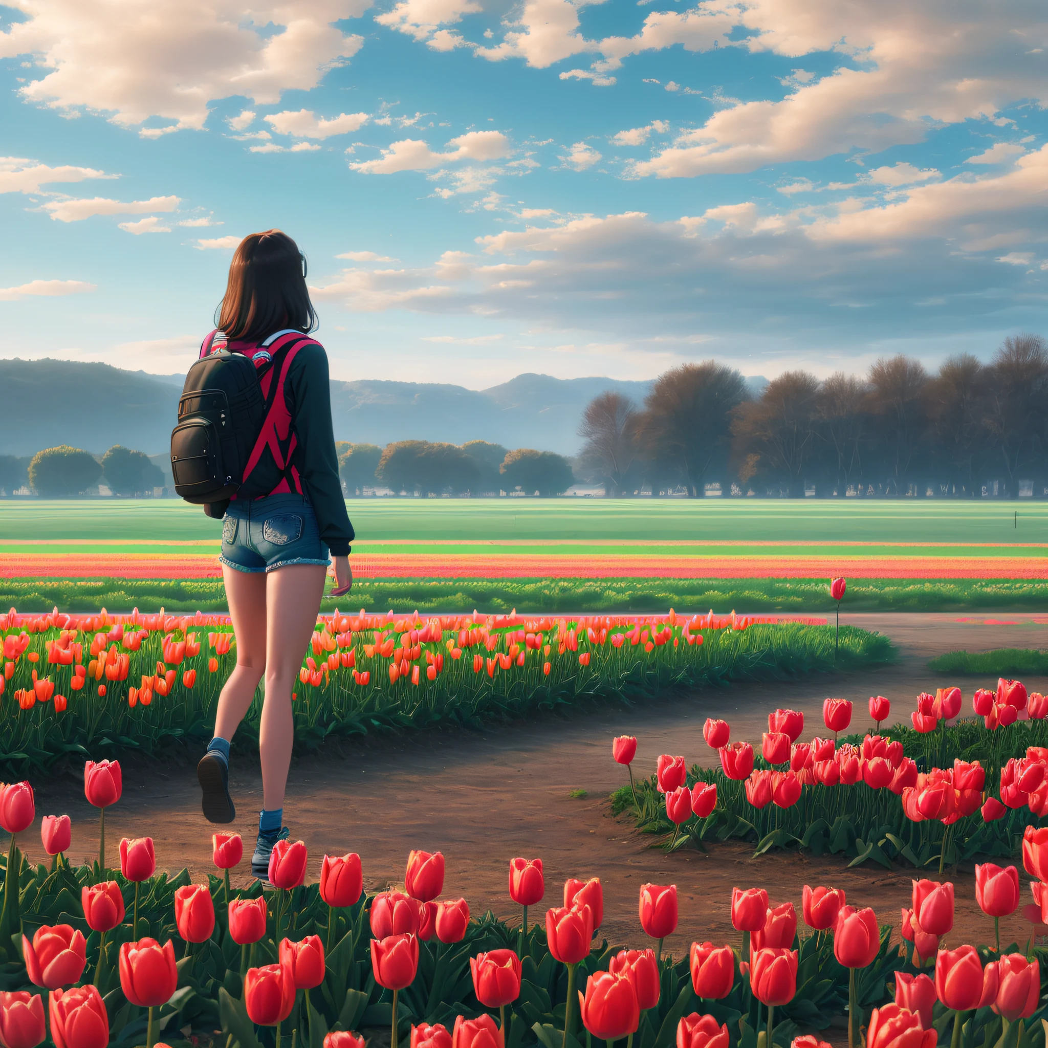 Vast sky, beautiful horizon, large tulip pasture, strong tension and dramatic picture, moving visual effects, colorful natural light. Long sleeve denim top shorts back backpack girl