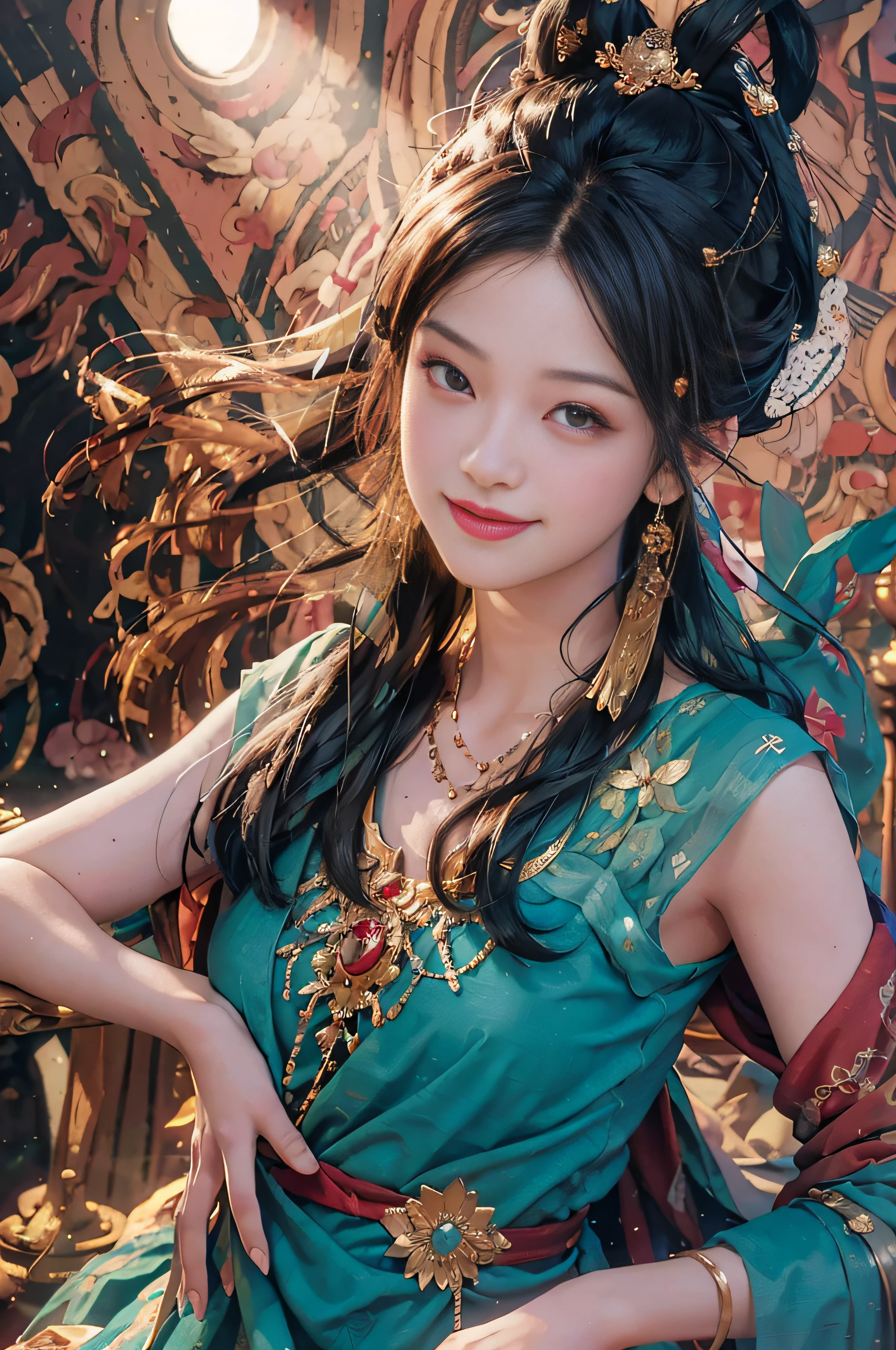 (RAW Photo, Best Quality), (Realistic, Photorealistic Photo: 1.3), Best Quality, Highly Detailed, Masterpiece, Ultra Detailed, Illustration, 1girl, upper_body, Dynamic Angle, World Mastery Theater, messy_long_hair, Best Quality, Extremely Detailed CG Unified 8k Wallpaper, Ink, Amazing, Movie Lights, lens_flare, dunhuang_style, Flyby, Edge Light, Cute Smile