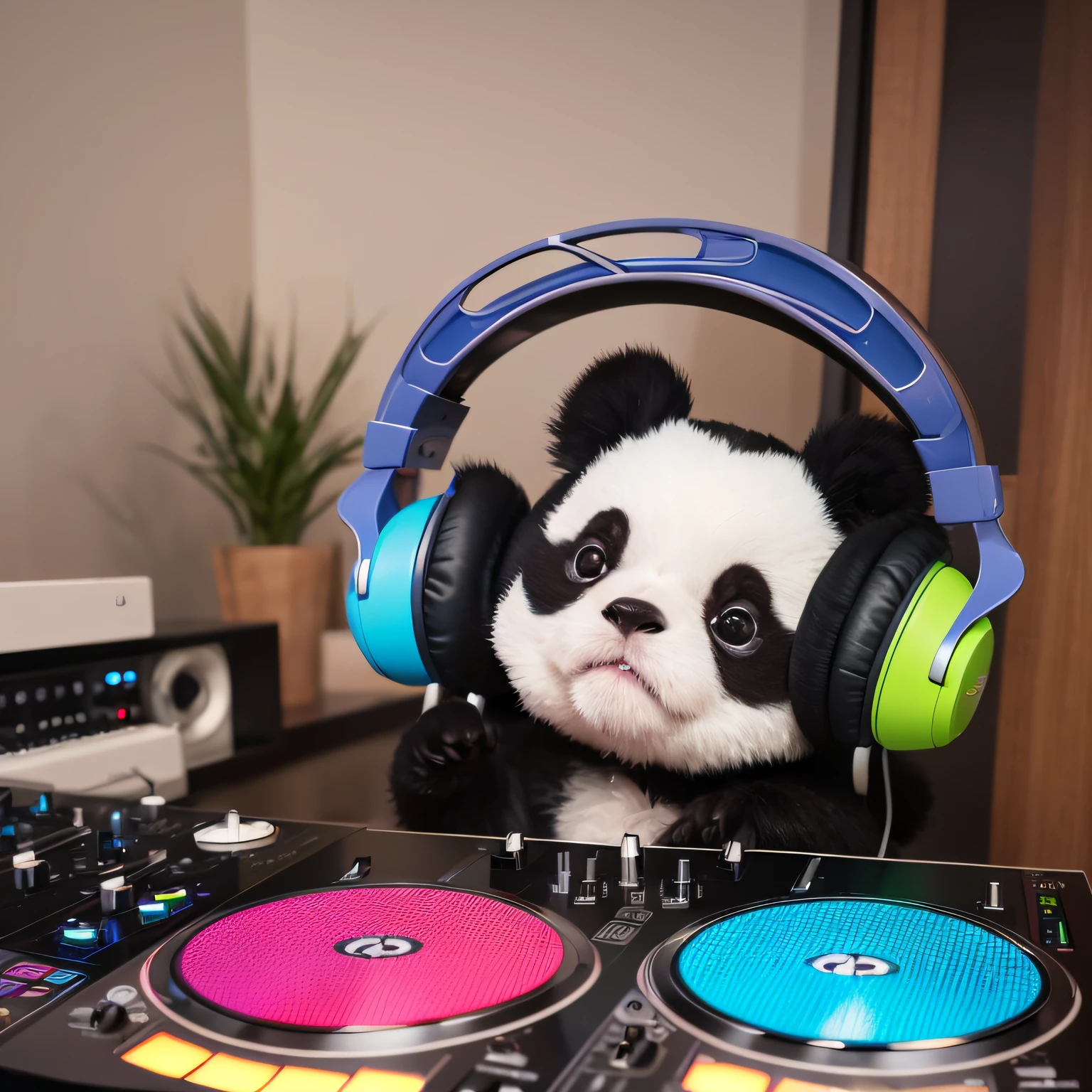 cartoonized drawn of a tiny panda DJ in a desorganized room and a back window and the ambient with a mix of vibrant collors (red, blue, green, pink and brown), using big headphones and mixing a lofi music --auto