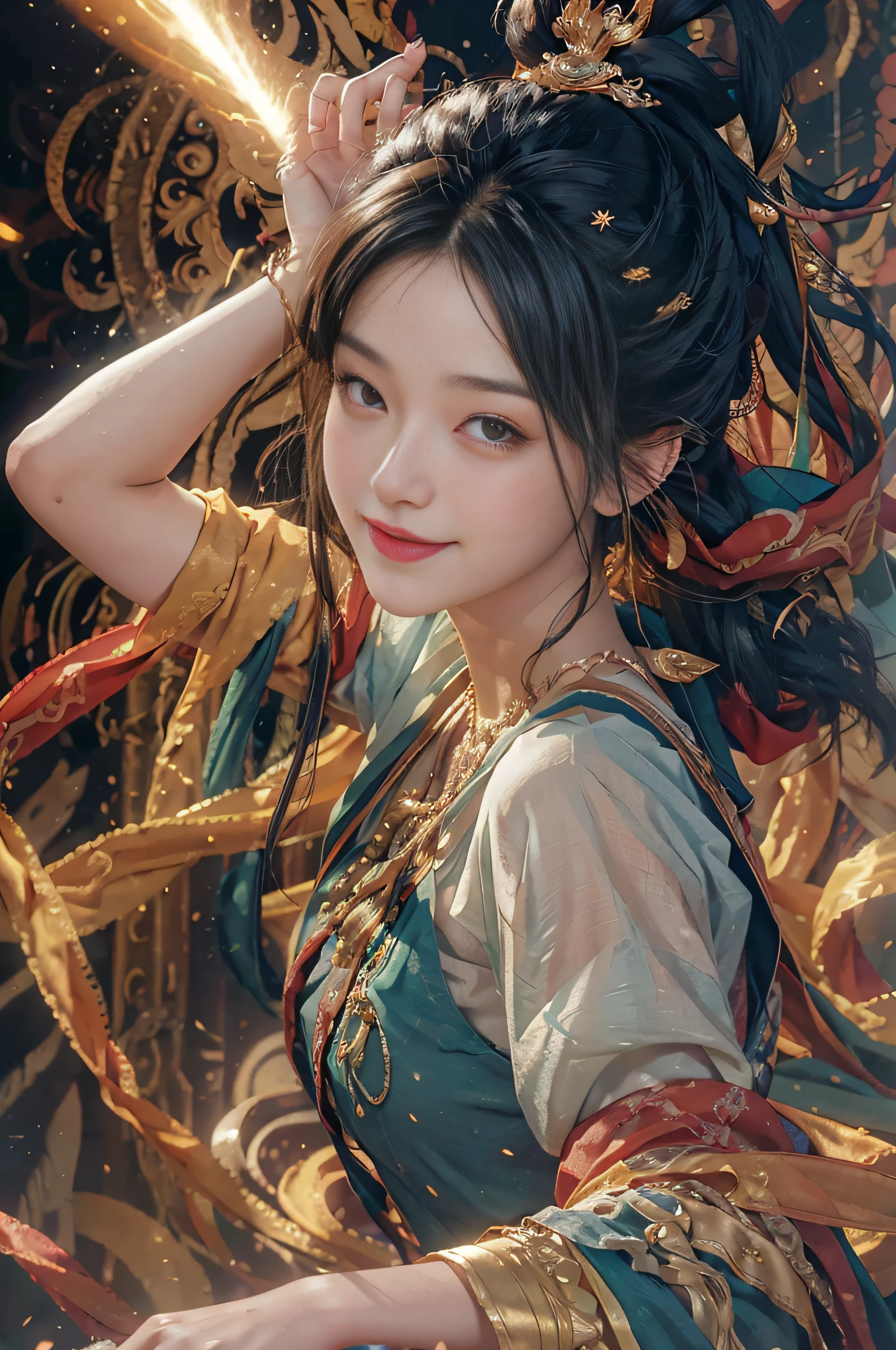 (RAW Photo, Best Quality), (Realistic, Photorealistic Photo: 1.3), Best Quality, Highly Detailed, Masterpiece, Ultra Detailed, Illustration, 1girl, upper_body, Dynamic Angle, World Mastery Theater, messy_long_hair, Best Quality, Extremely Detailed CG Unified 8k Wallpaper, Ink, Amazing, Movie Lights, lens_flare, dunhuang_style, Flyby, Edge Light, Cute Smile