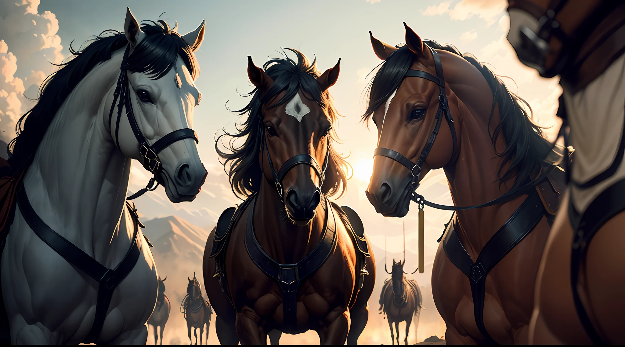(Extreme Detail CG Unity 8K wallpaper, obra-prima, alta qualidade), (Exquisite lighting and shade, highly dramatic image, cinematic lens effect), 4 cavaleiros montados em cavalos branco, vermelho, preto e verde --auto