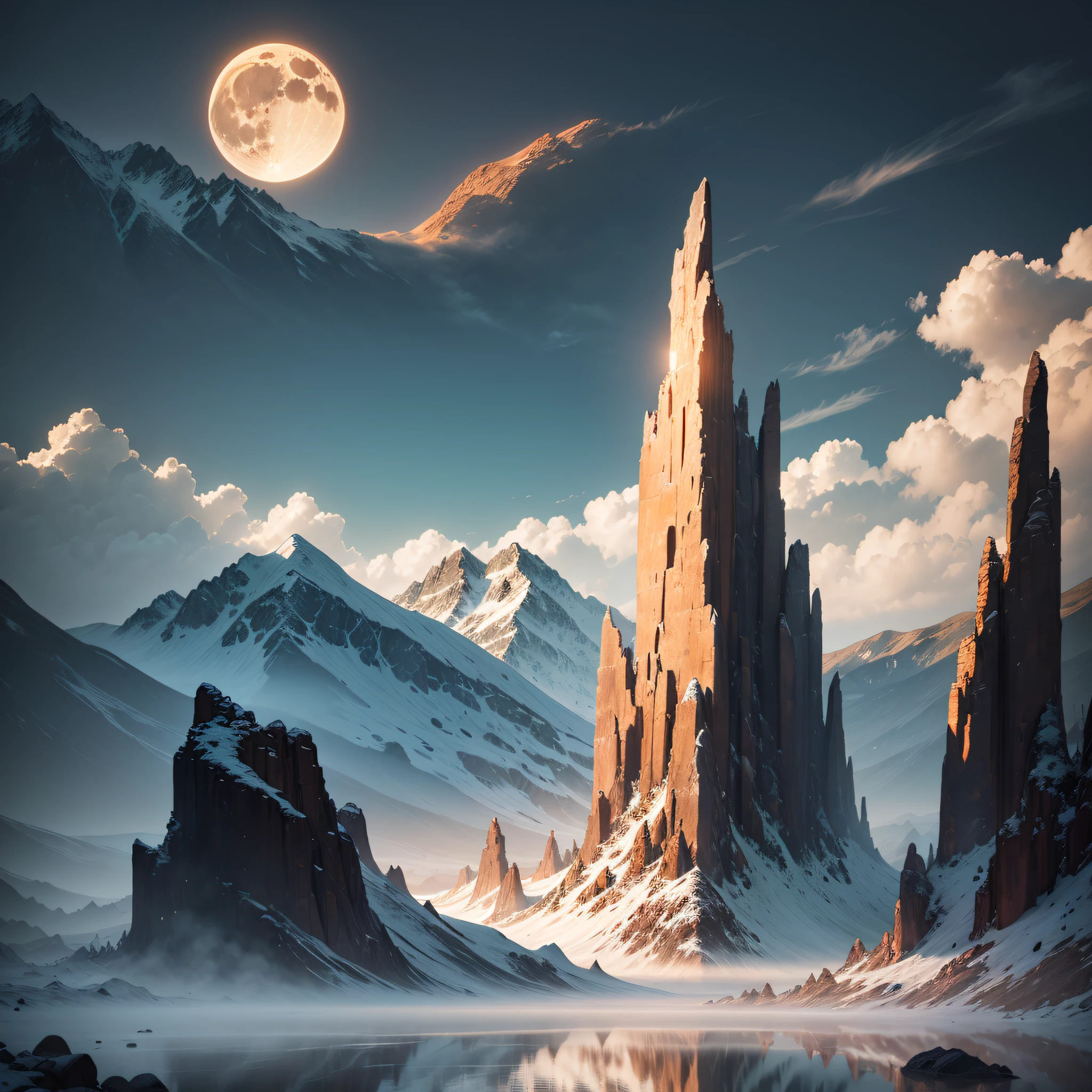 Enter a deep valley, surrounded by majestic rocky mountains that rise to the sky. The atmosphere is dense and gloomy, as if an imminent storm is about to fall. The air is fresh and charged with a mysterious energy.

Despite the dark day, the moon shines in the sky, casting its pale rays over the scenery. These lunar rays penetrate through the thick clouds, creating a soft, ethereal illumination. The reflections of the moon dance on the walls of the mountains, creating a breathtaking view.

The Rocky Mountains extend in all directions, forming an imposing and unchanging landscape. Its irregular, jagged shapes are enhanced by the silver reflections of the moon, creating a dramatic contrast between light and shadow.

Looking around, you notice that the valley is dotted with small streams that wind between the rocks. The crystal clear water timidly reflects the moon's rays, creating a magical and mysterious sensation.

Silence envelops the room, only broken by the distant sound of the wind howling between the crevices of the mountains. The wild and unspoiled nature of these mountains conveys a sense of serenity and power at the same time.

As you move through the valley, the light of the moon gradually changes, creating an ever-changing atmosphere. The reflections on the walls of the mountains glow and disappear as the clouds move in the sky, providing a dynamic and unique experience.

Get ready to marvel at the mystical beauty of the Rocky Mountains as the moon lends its light to create a stunning scenery full of mystery. --auto