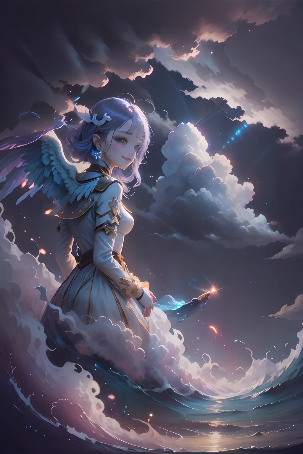 an angel、ayu、Happy smile、Gentle background、the clouds、Colorful clouds、Fantastical、Bright background、high picture quality、tenderness、joy、aureole、Lassen、Sea Background-、mystical、Bright-auto