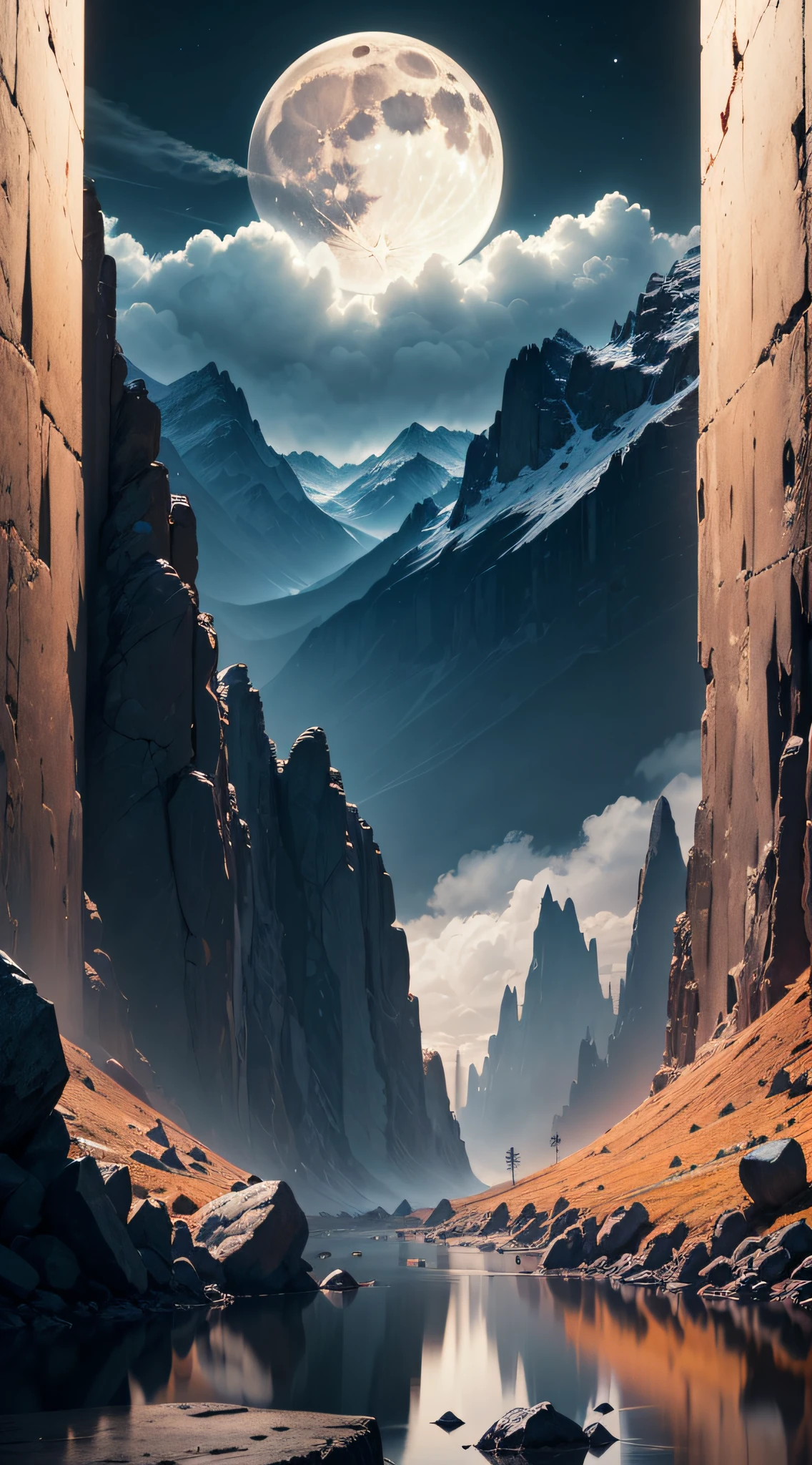 Enter a deep valley, surrounded by majestic rocky mountains that rise to the sky. The atmosphere is dense and gloomy, as if an imminent storm is about to fall. The air is fresh and charged with a mysterious energy. Despite the dark day, the moon shines in the sky, casting its pale rays over the scenery. These lunar rays penetrate through the thick clouds, creating a soft, ethereal illumination. The reflections of the moon dance on the walls of the mountains, creating a breathtaking view. The Rocky Mountains extend in all directions, forming an imposing and unchanging landscape. Its irregular, jagged shapes are enhanced by the silver reflections of the moon, creating a dramatic contrast between light and shadow. Looking around, you notice that the valley is dotted with small streams that wind between the rocks. The crystal clear water timidly reflects the moon's rays, creating a magical and mysterious sensation. Silence envelops the room, only broken by the distant sound of the wind howling between the crevices of the mountains. The wild and unspoiled nature of these mountains conveys a sense of serenity and power at the same time. As you move through the valley, the light of the moon gradually changes, creating an ever-changing atmosphere. The reflections on the walls of the mountains glow and disappear as the clouds move in the sky, providing a dynamic and unique experience. Get ready to marvel at the mystical beauty of the Rocky Mountains as the moon lends its light to create a dazzling, mystery-filled backdrop --auto