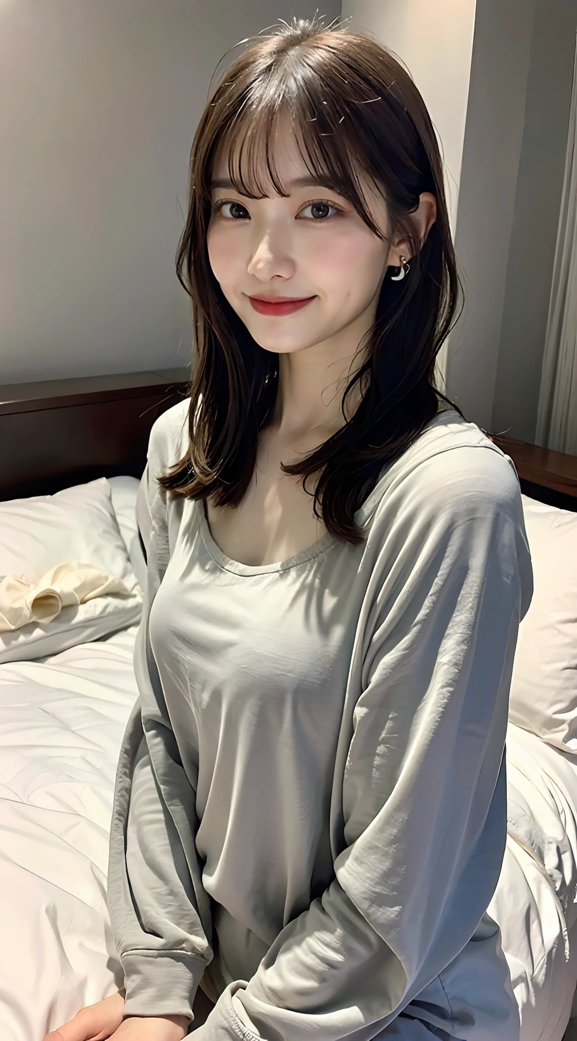(8k, RAW photos, top quality, masterpiece: 1.2), ultra detailed, super resolution, (real, real photos: 1.37), portraits, high definition RAW color photos, professional photos, very detailed and beautiful, highly detailed, 8k wallpapers, amazing details, huge file size, official art, highly detailed CG Unity 8k wallpapers, highly detailed beautiful girls, highly detailed facesHighly detailed eyes, highly detailed skin, highly detailed fingers, highly detailed nose, highly detailed detailed mouth, perfect anatomy, detailed background, detailed clothes, one girl, (20:1.2), 20s, cute girl, realistic body, petite, white skin, radiant skin, slim body, handsome body, black hair, short hair, (dull bangs: 1.2), smile, cute, youthful, pretty face, Realistic face, delicate eyes, sagging eyes, cute loungewear, see-through, earrings, camera gaze, cowboy shot, front facing, lying together on a standing bed, contrapposto, dynamic lighting, medium breasts, cowboy shot